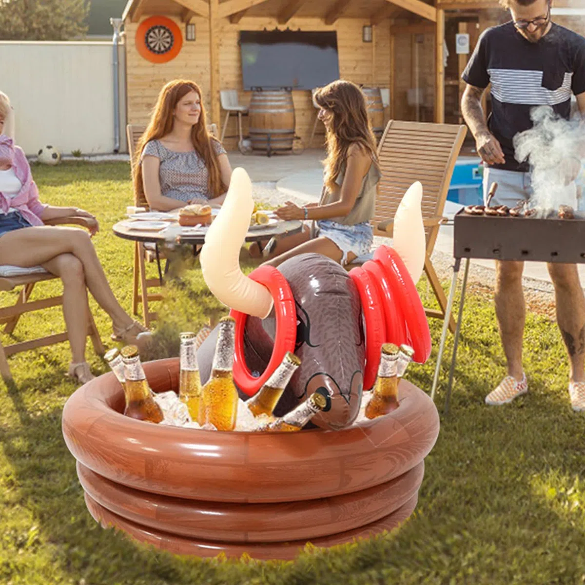 Gonfiabile a forma di toro, cestino per bevande galleggiante, 75,9 x 75,9 x 65,8 cm, design portatile, divertente accessorio per feste di birra per Oktoberfest, sport, compleanni e picnic estivi