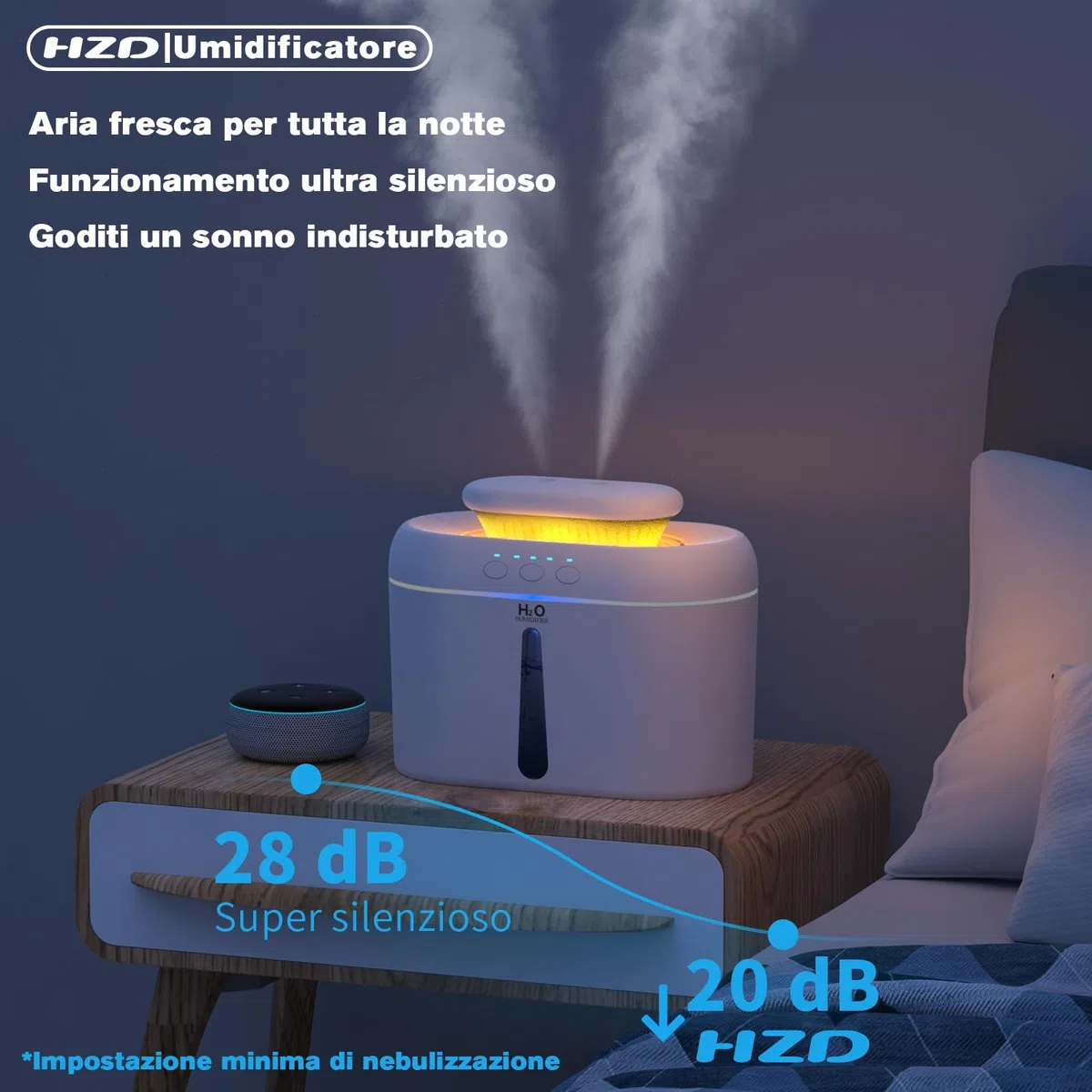 Umidificatore Ambiente Bambini, 2L Umidificatore Camera da Letto, 20 dB Silenziosi Umidificatore per Camerette, Piante e Uffici, con Timer di Spegnimento Automatico e Funzione Luce Notturna (Bianco)