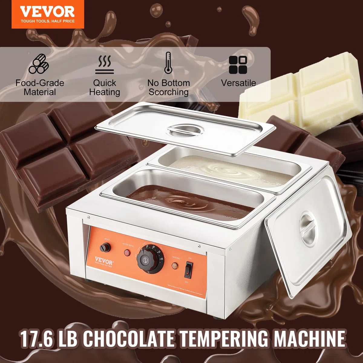VEVOR Macchina per Fusione di Cioccolato in Acciaio Inox Doppia Vasca da 3,3 L, Pentola Elettrica di Fusione del Cioccolato 1500W Uso Commerciale per Hotel Albergo, Bagnomaria per Cioccolato 30℃ - 85℃
