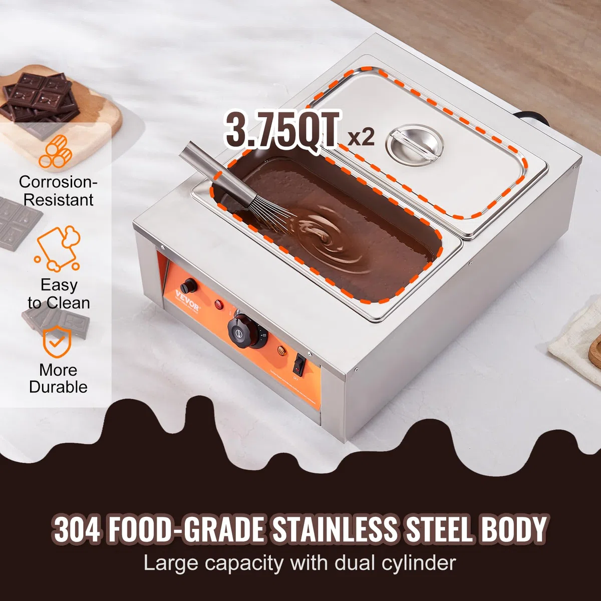 VEVOR Macchina per Fusione di Cioccolato in Acciaio Inox Doppia Vasca da 3,3 L, Pentola Elettrica di Fusione del Cioccolato 1500W Uso Commerciale per Hotel Albergo, Bagnomaria per Cioccolato 30℃ - 85℃