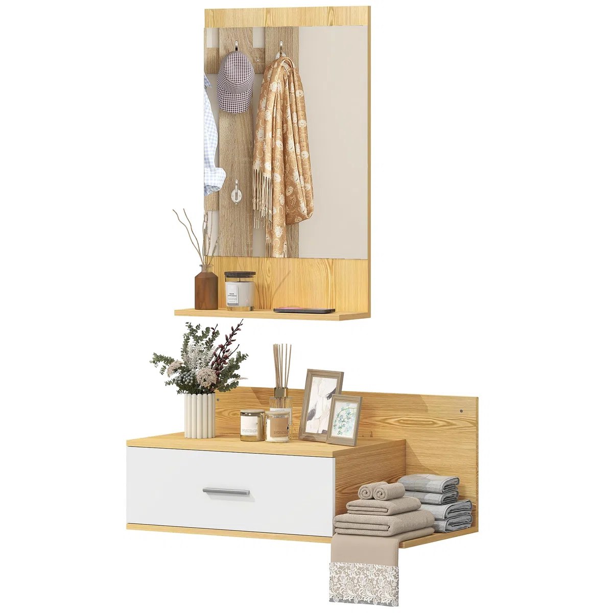 HOMCOM Set Mobili Ingresso con Specchio, Mobiletto a Parete con Cassetto e 2 Ripiani Aperti per Soggiorno, Camera da Letto, Ingresso, Legno Naturale