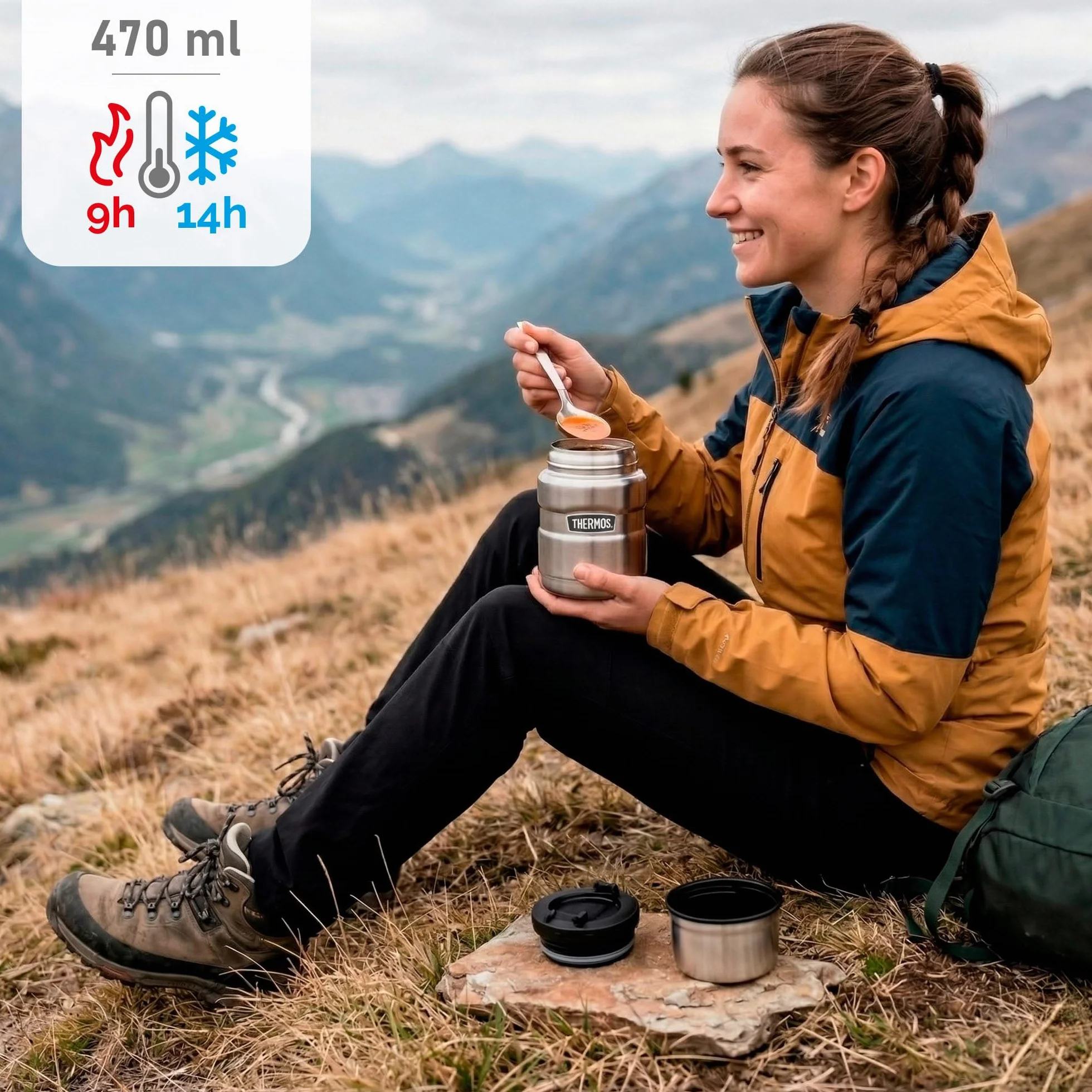 Thermos Stainless King Food Jar 470 ml, Contenitore Termico in Acciaio Inox con Cucchiaio, 9 h caldo/14 h Freddo, Assolutamente ermetico per zuppa, Cereali, stufato