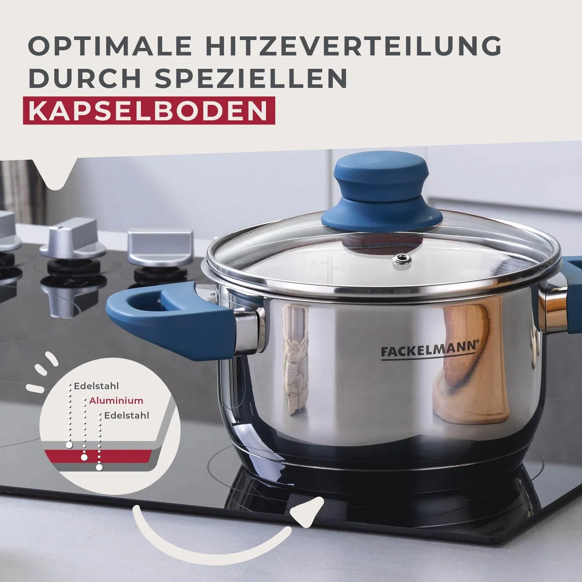 Fackelmann Pentola Essential Ø 16 cm, in acciaio inox, con manici ergonomici in bachelite, adatta a tutti i piani cottura, con scala litro
