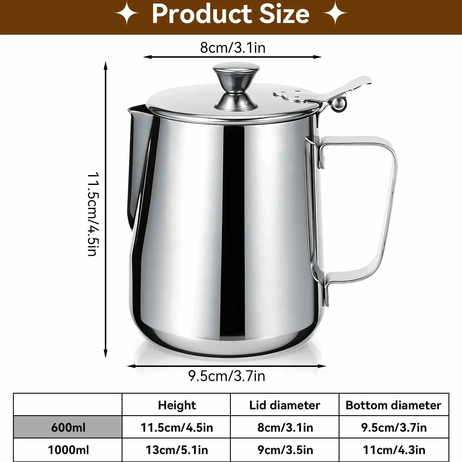 Brocca per latte con coperchio, brocca per montalatte da 600 ml/1000 ml brocca per latte in acciaio inossidabile tazza brocca per schiuma di latte con manico per caffè latte Art (600 ml)