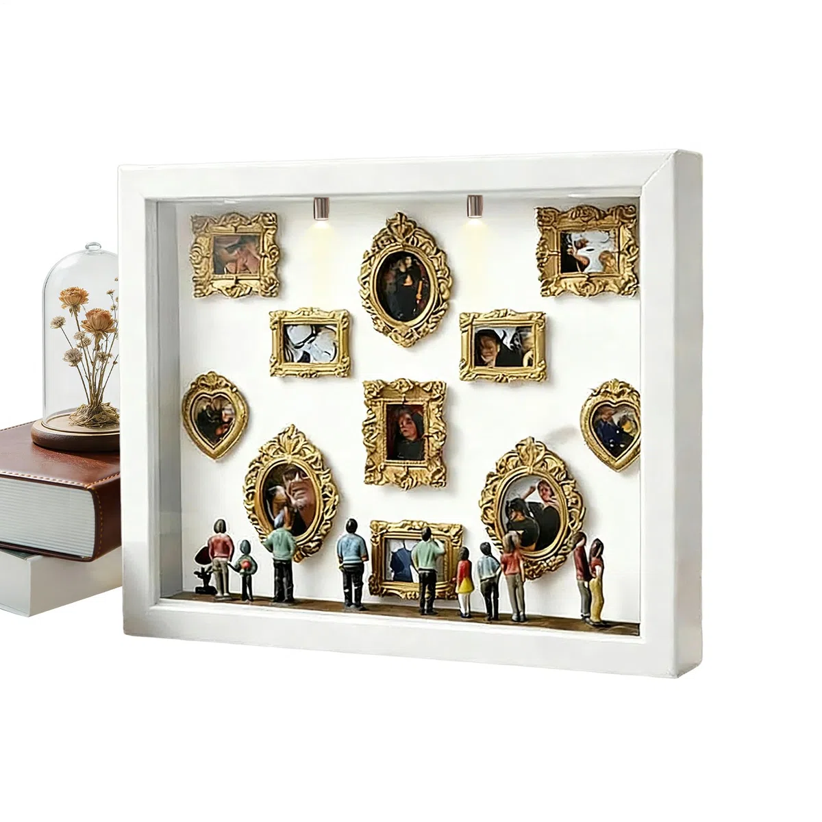 Mini Museo Cornice Foto Personalizzata - Kit Cornice Con 11 Mini Cornici E 8 Statuette, DIY Museum Silhouette Box Con LED, Kit Creativo Per Esporre I Ricordi, Regalo San Valentinos Per Lei & Lui