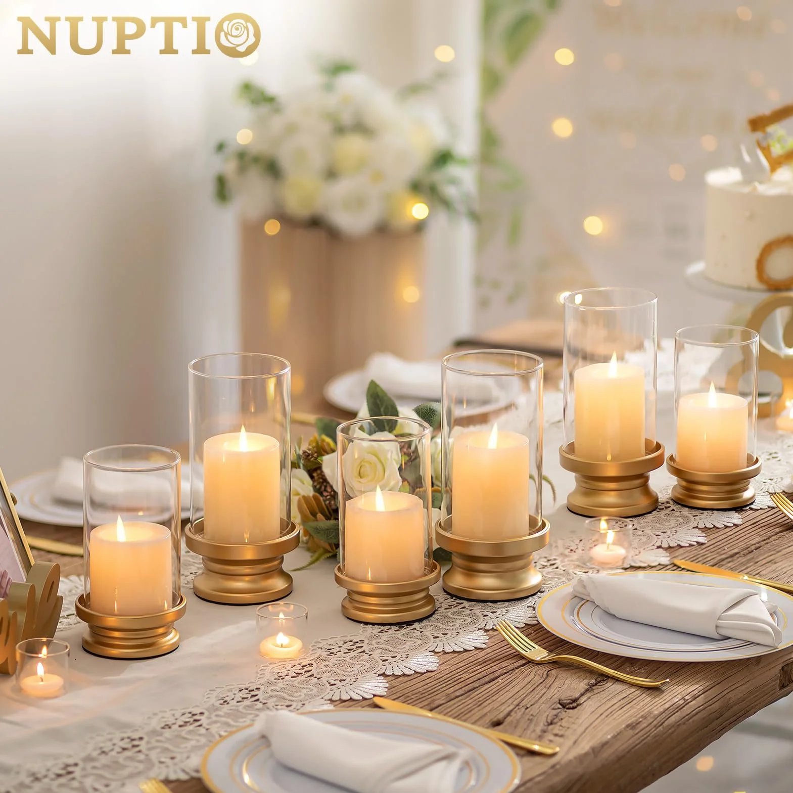 NUPTIO Portacandele A Uragano Oro: Set Di 2 Portacandele Candele A Colonna Con Manicotto In Vetro Trasparente Supporti Decorativi In Metallo Matrimonio Festa Di Natale Tavola Da Pranzo Centrotavola