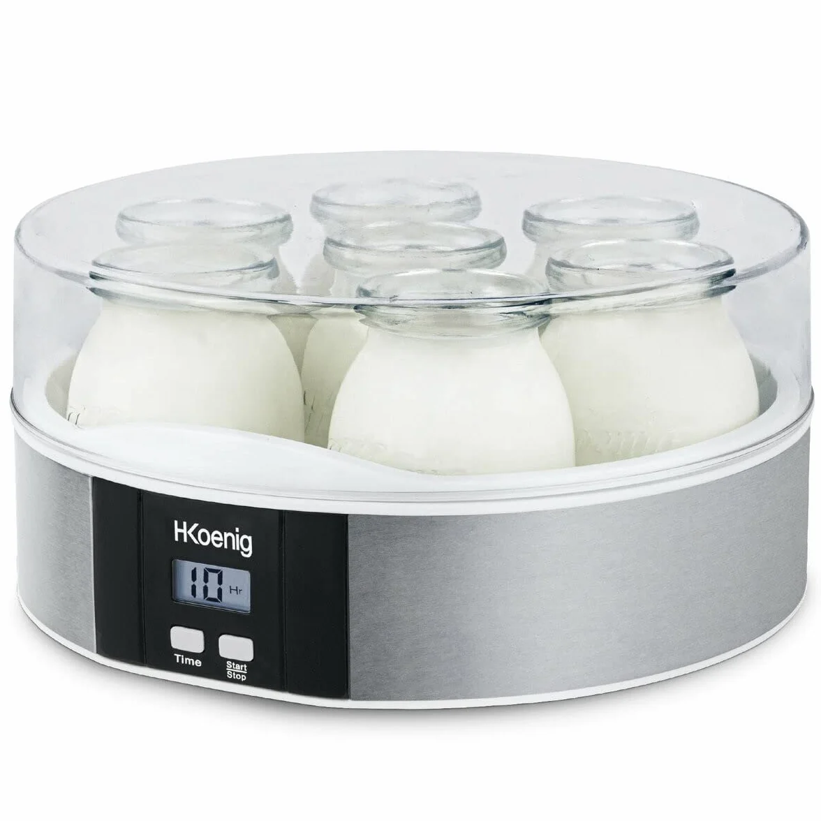 H.Koenig Yogurtiera 7 vasetti ELY70, Capacità 7 x 160 ml, Programmabile fino a 15 ore, Display LCD, Corpo in acciaio inox, Lavabile in lavastoviglie, Arresto automatico, Potenza 15 W