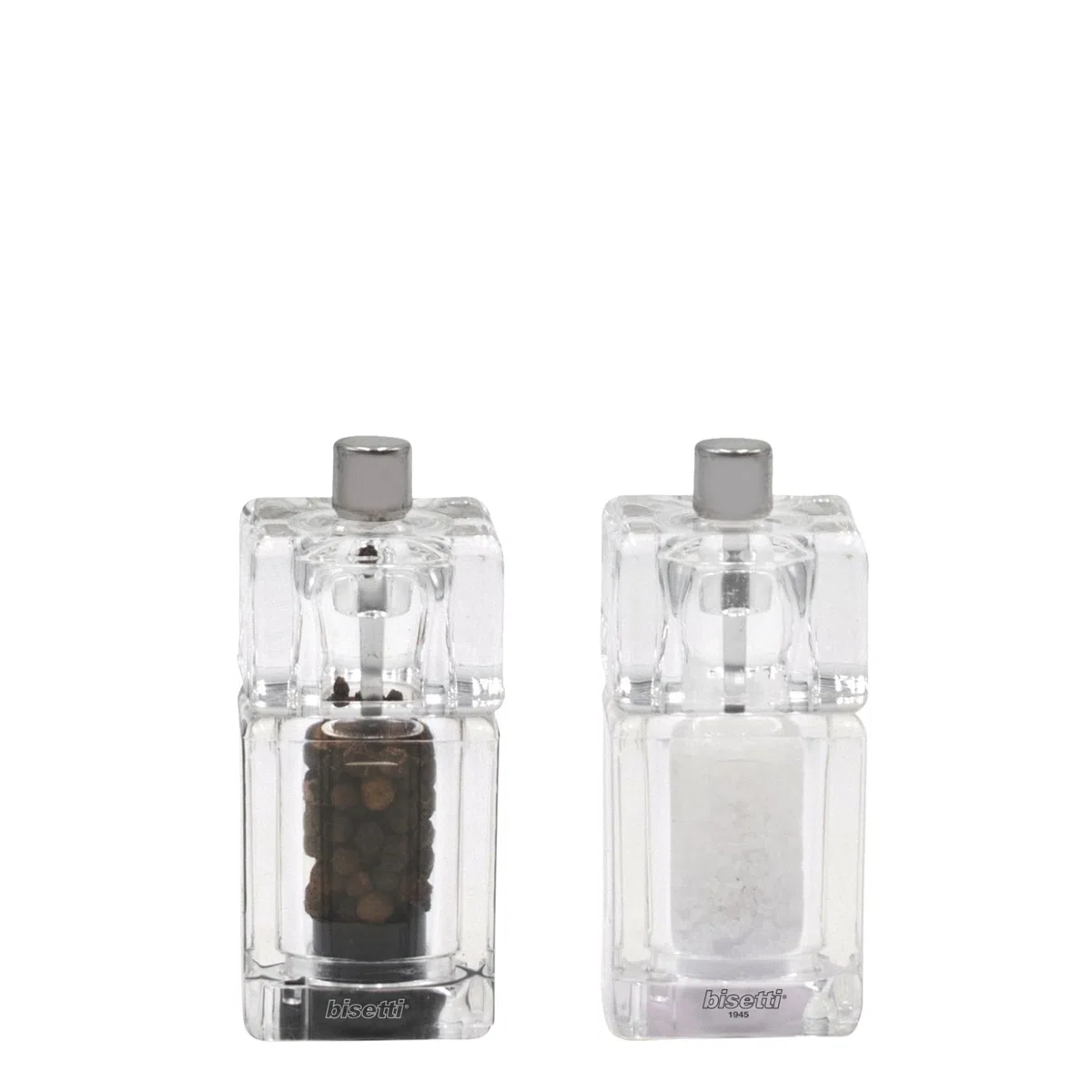 Set Macina Sale Pepe Manuale "Como" in Acrilico, 9 cm, Macinino Quadrato per Sale con Macina in Ceramica, Macinino Quadrato per Pepe con Macina in Acciaio, Trita Sale e Pepe Made in Italy - BISETTI