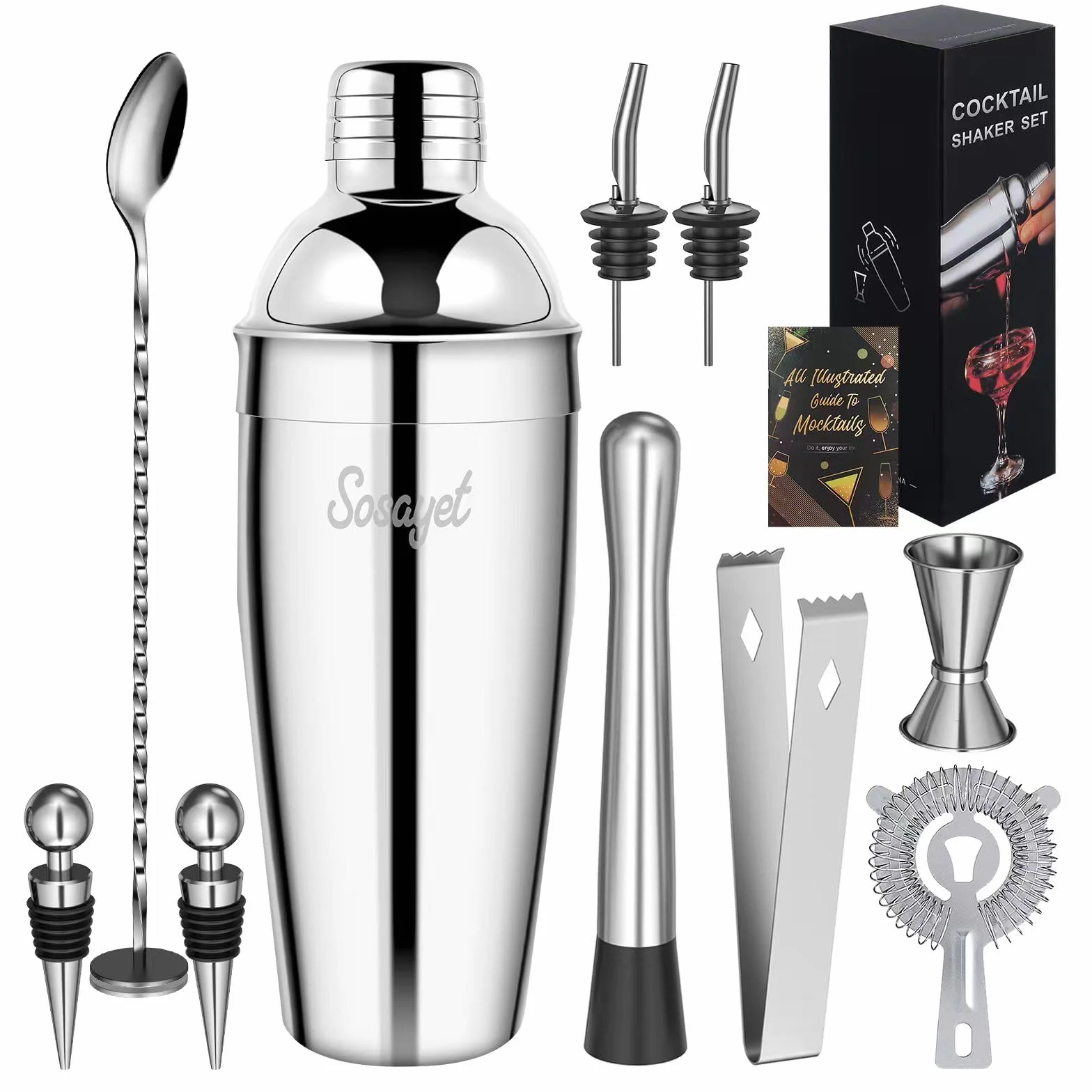 Sosayet Shaker Cocktail Set, 10 Pezzi Kit Barman in Acciaio Inox, Set Cocktail Professionale con Shaker 750 ml, Ideale per Casa, Bar e Feste, Perfetto per Appassionati di Cocktail