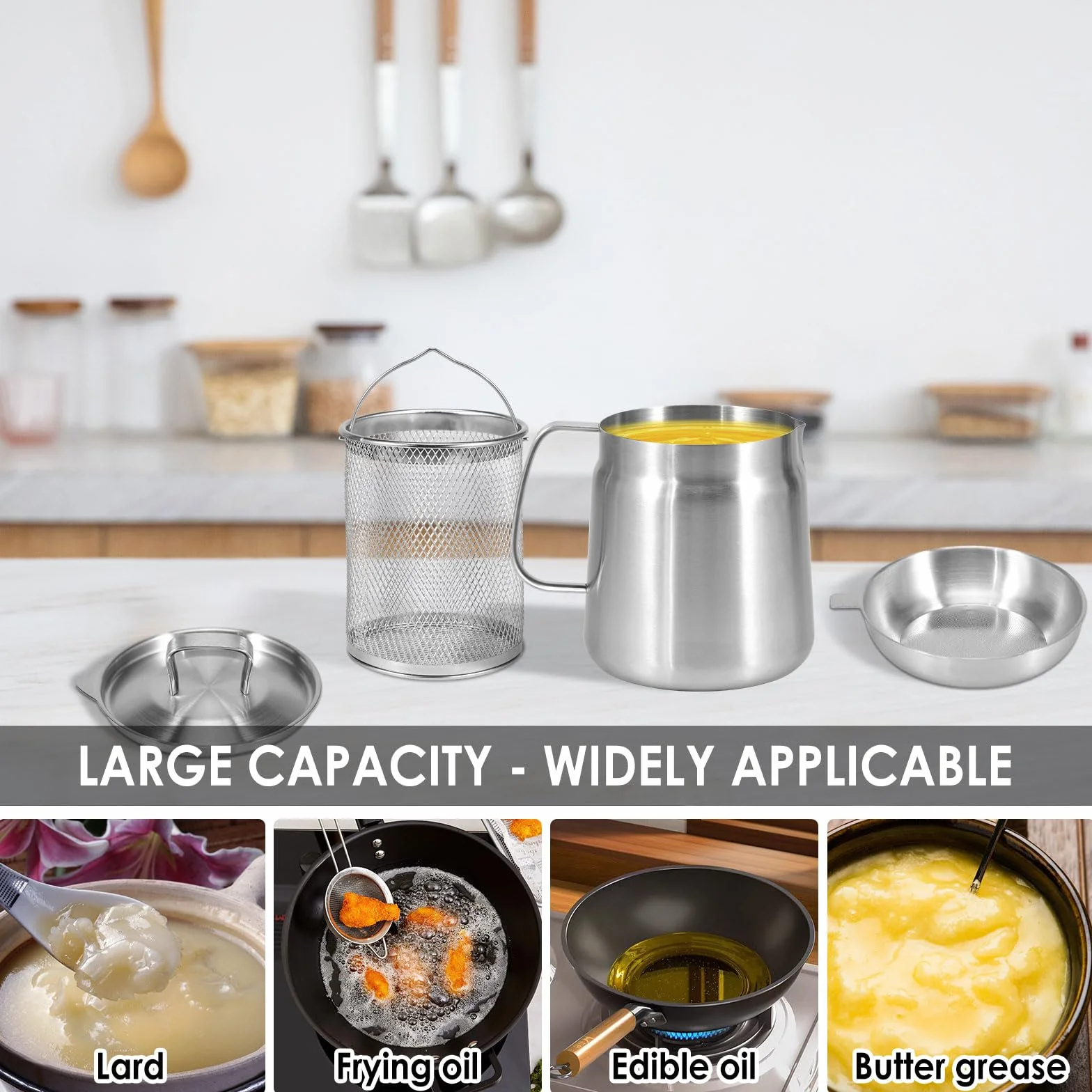 Bacon - Contenitore salva-grasso in acciaio inox, con filtro a rete e cestello, filtro per olio per friggere, filtro antipolvere per grasso (2 l)