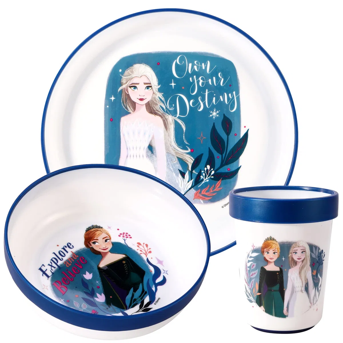 Frozen - Set da tavola per bambini, 3 pezzi, riutilizzabile, bicolore, con piatto, ciotola e bicchiere, senza BPA