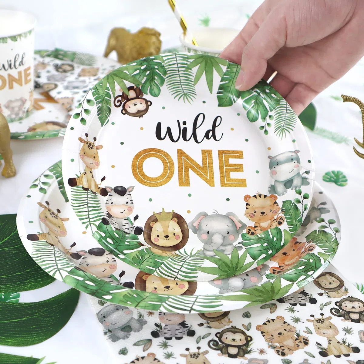 Decorazioni Compleanno 1 Anno Piatti Animali Set per 25 Ospiti, 100 Pezzi Primo Compleanno Bimbo Safari Giungla Stoviglie Wild One Feste Piatti Carta, Tazze e Tovaglioli per Bimbo Ragazzi