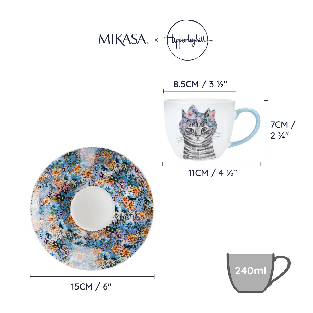 Mikasa x Tipperleyhill, Set di 2 tazze da 240 ml con piattini in porcellana fine, perfetto per il tè pomeridiano, lavabile in lavastoviglie, in confezione regalo