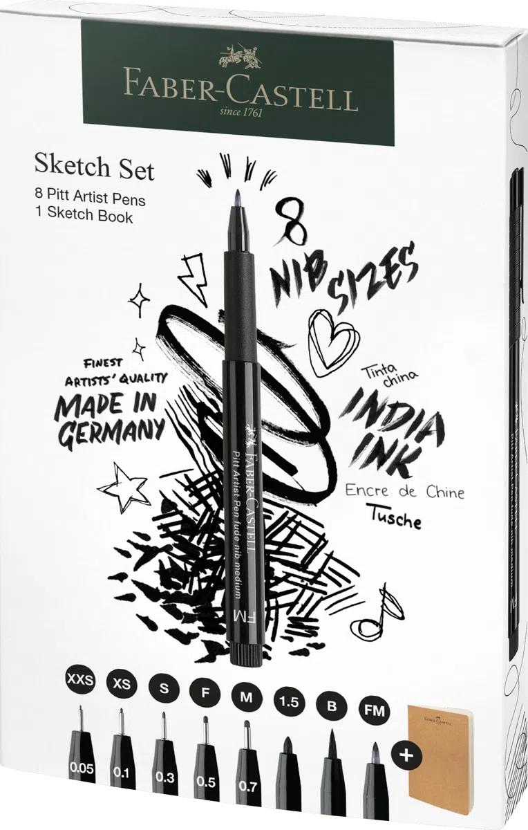 Faber-Castell 267102 - Set da disegno da 9 pezzi, con album da disegno e penne a inchiostro Pitt Artist Pen