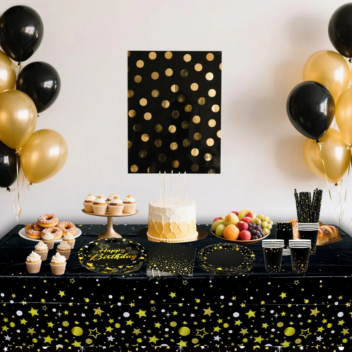 Decorazione per festa in nero e oro, per 20 persone, include piatti, bicchieri, tovaglioli, tovaglie, cannucce