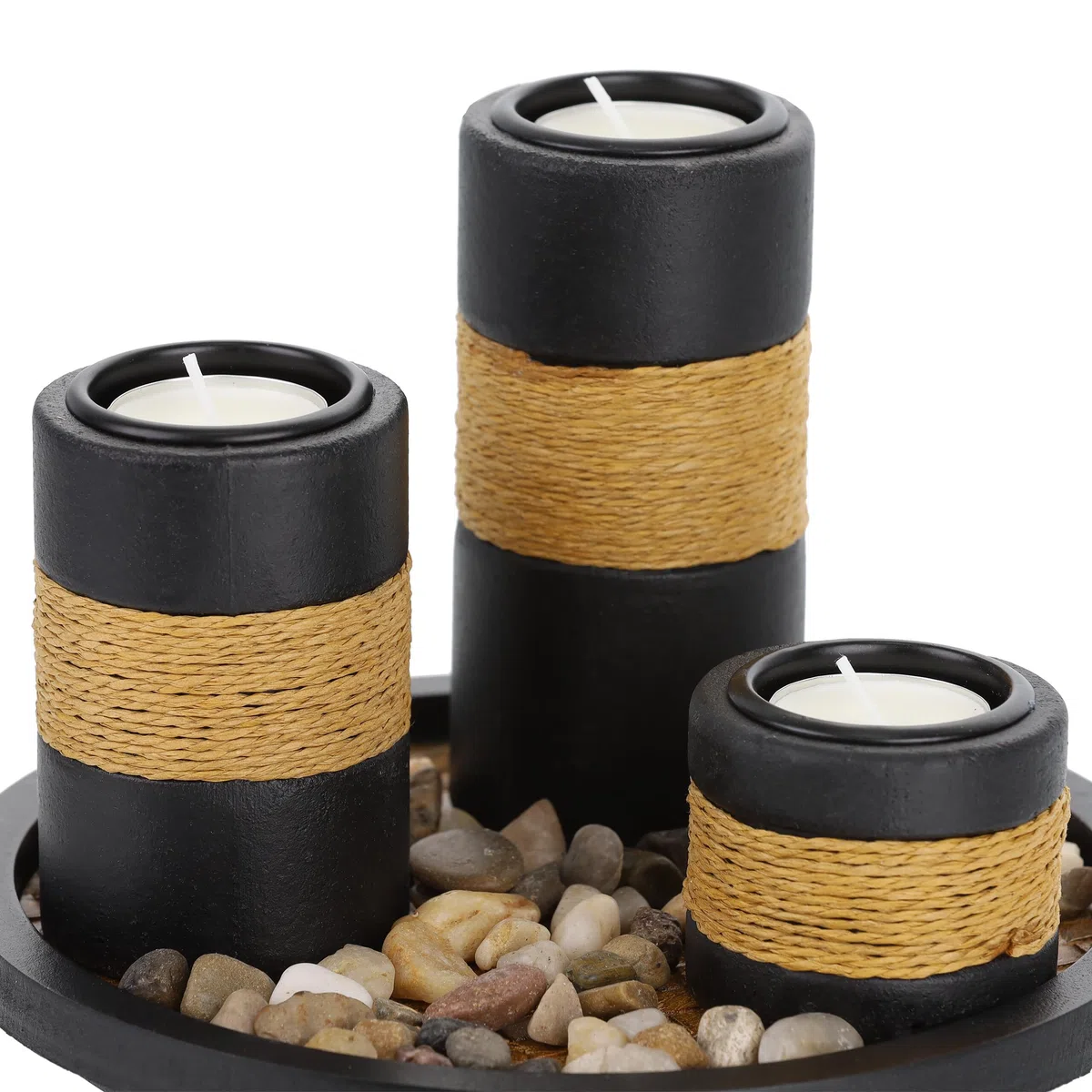 Relaxdays Portacandele Decorativo con Vassoio e Pietre, Ø 19,5 cm, Decorazione per Tavolino e Soggiorno, Nero Marrone