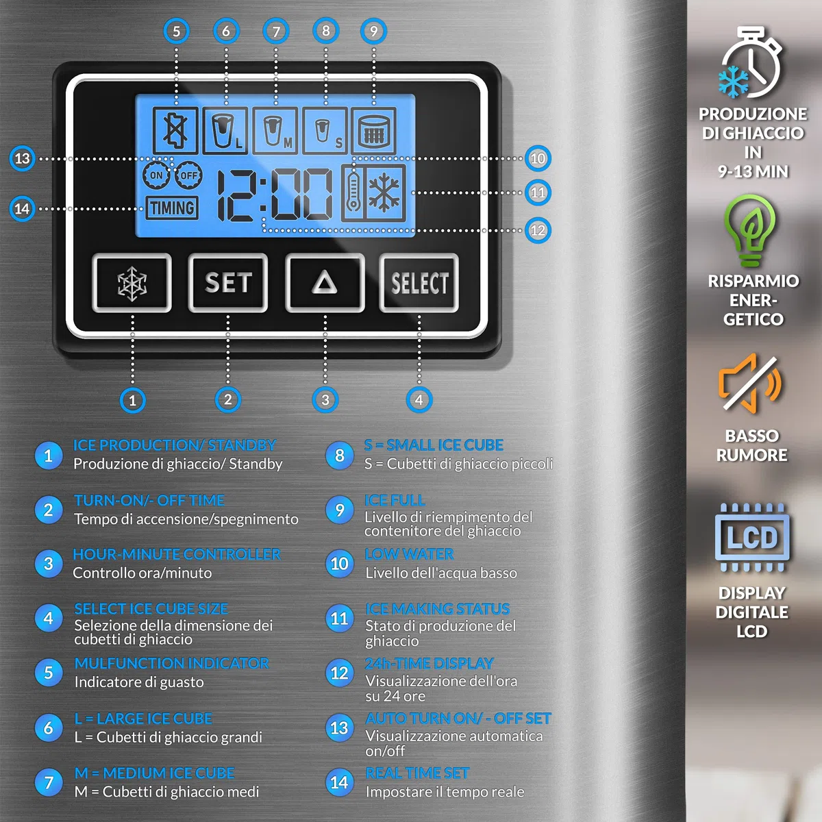 tillvex Macchina del Ghiaccio 12 kg - 24 h | Macchina Ghiaccio Casa in Acciaio Inossidabile | Macchina Professionale | 2,2 L Serbatoio d'Acqua | Display LED, Timer | 3 Misure Cubetti di Ghiaccio
