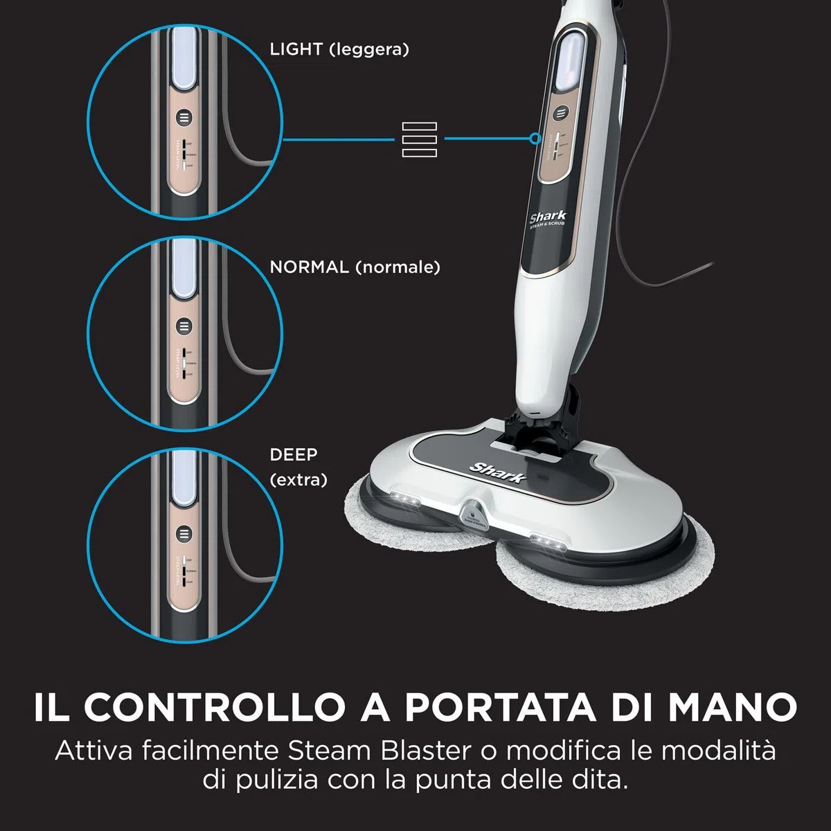 Shark Steam Mop, Scopa a Vapore Lavapavimenti Automatico con Steam Blaster, 2 Panni Lavabili Rotanti, 3 Modalità, Igienizza, Rimuove Macchie e Sporco, Tutti i Tipi di Pavimenti, Bianco/Grigio, S8201EU
