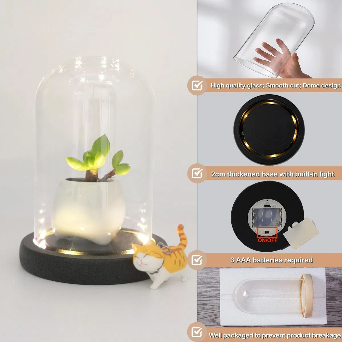 Campana di Vetro con Base in Nero, Cloche a Cupola in Vetro Trasparente con Luce, Espositore a forma di campana, in vetro, con decorazione a cupola, 3.5" D X 4.7" H