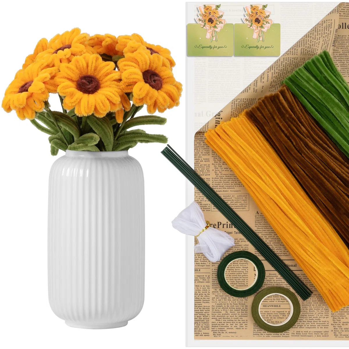 set di 300 fili di ciniglia per lavori manuali a forma di girasole - Con 20 steli, nastro e nastro adesivo - Per mazzi di fiori fai da te e progetti artigianali. Regali per le donne per la