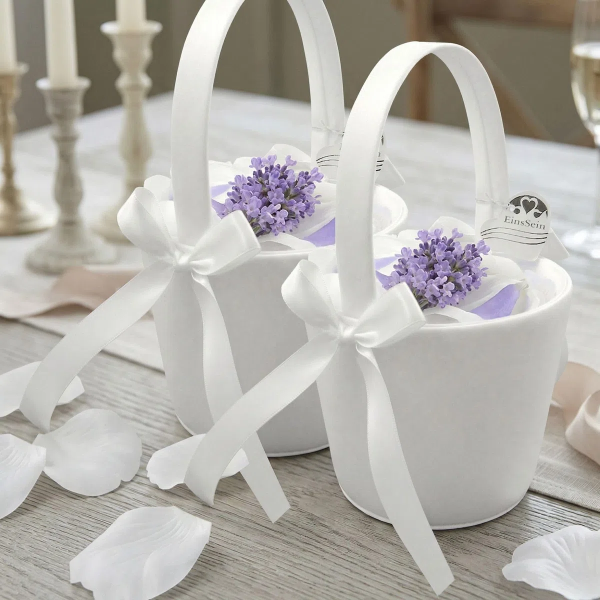 EinsSein Set 2 Cestini Matrimonio Anna Crema 17x26x13 cm | Cesti in Vimini con Manico e Raso | Porta Petali Fiori Confetti | Damigella Sposa Bambina Cuore Decorativo Elegante