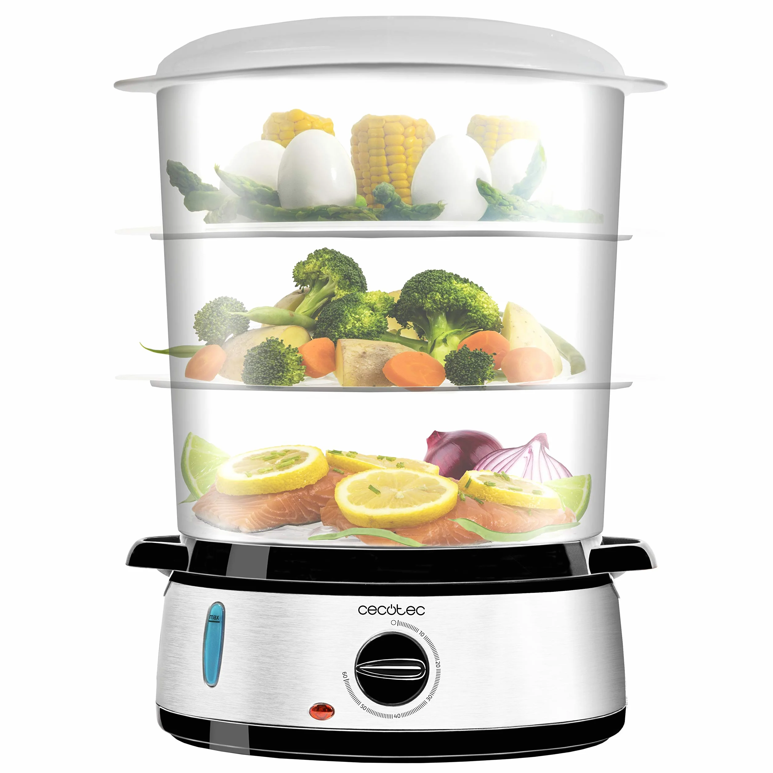 Cecotec Vapovita 3000 Steamer elettrico in acciaio inox con 800 W, 3 contenitori indipendenti, ciotola per riso, portauova, timer 60 minuti, 2 prese d'acqua laterali, grigio
