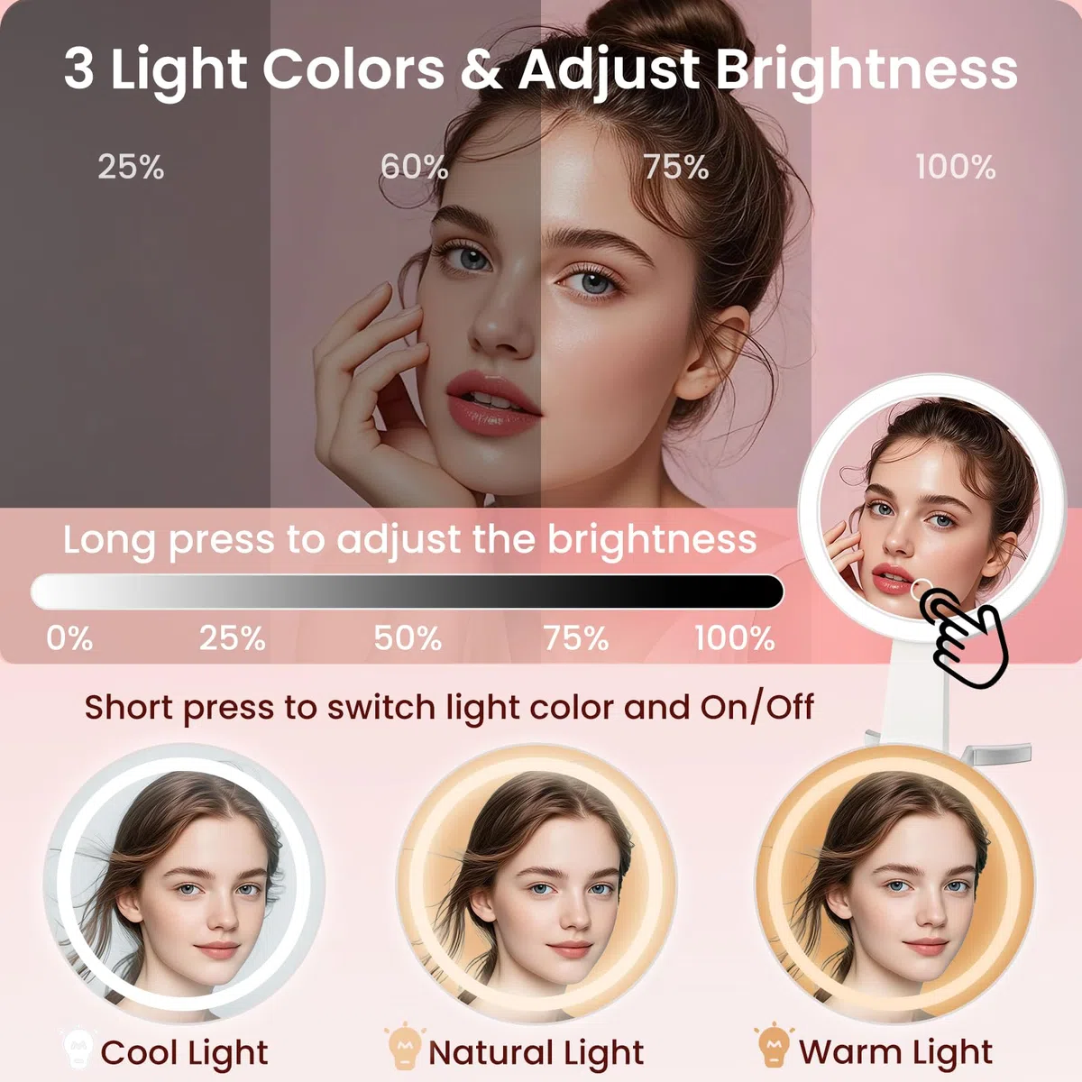 Specchio Trucco con Luci, Specchio Ingranditore 10X/1X a Doppio Lato, Luminosità Regolabile a 3 Colori, Specchio da Tavolo Pieghevole con Foro, Specchio Ricaricabile e Portatile per Viaggio e Casa