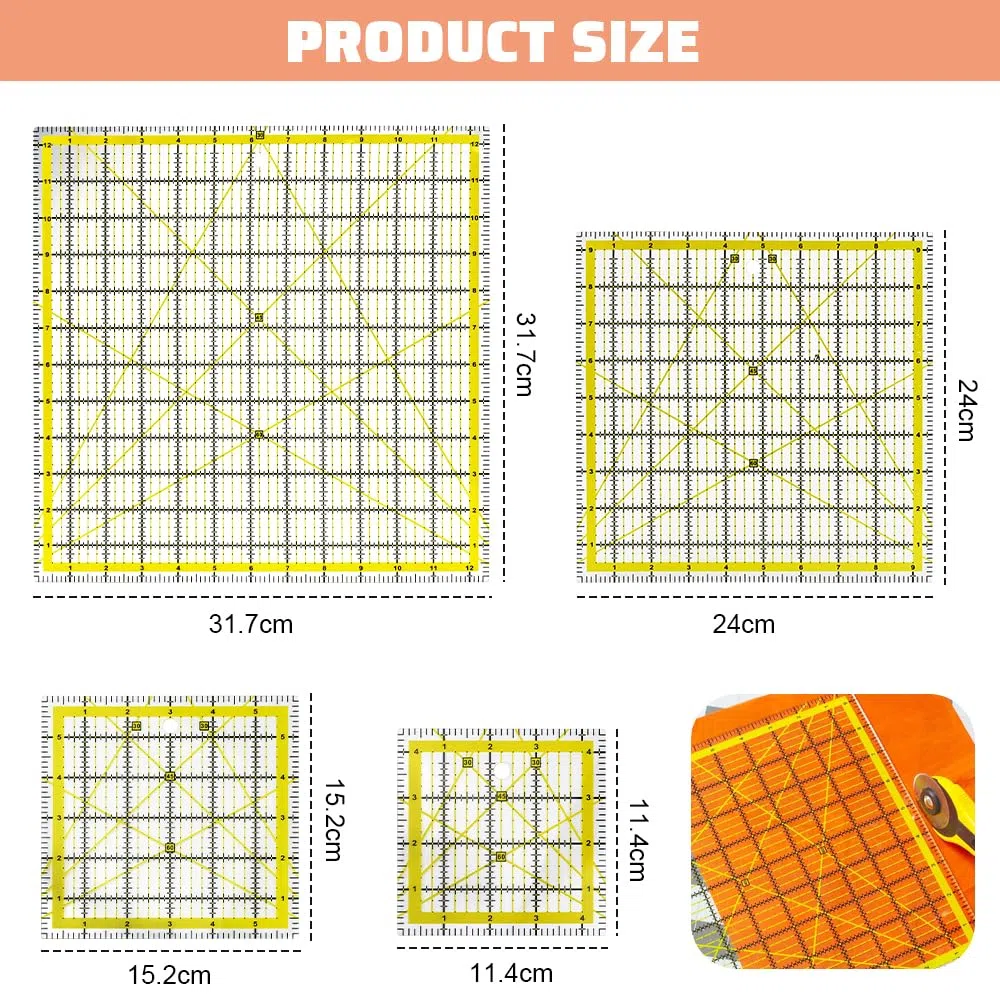 LPAMABA 4 Pz Righelli per Sartoria,Righelli Quadrati per Trapuntatura,Righello per Quilting in Acrilico Trasparente,Righello da Cucito per Trapunte per Taglio Preciso (31,7 cm/24cm/15,2cm/11,4cm)