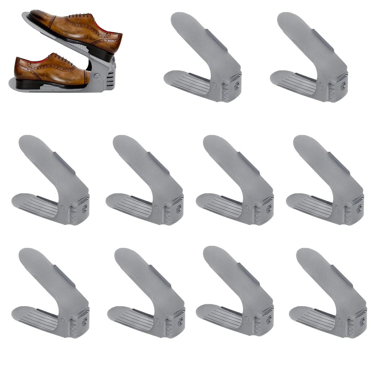 Froadp - Set di 10 portascarpe regolabili, antiscivolo, a 3 altezze, in PP a doppia strato, salvaspazio, per la conservazione delle scarpe (Grigio)