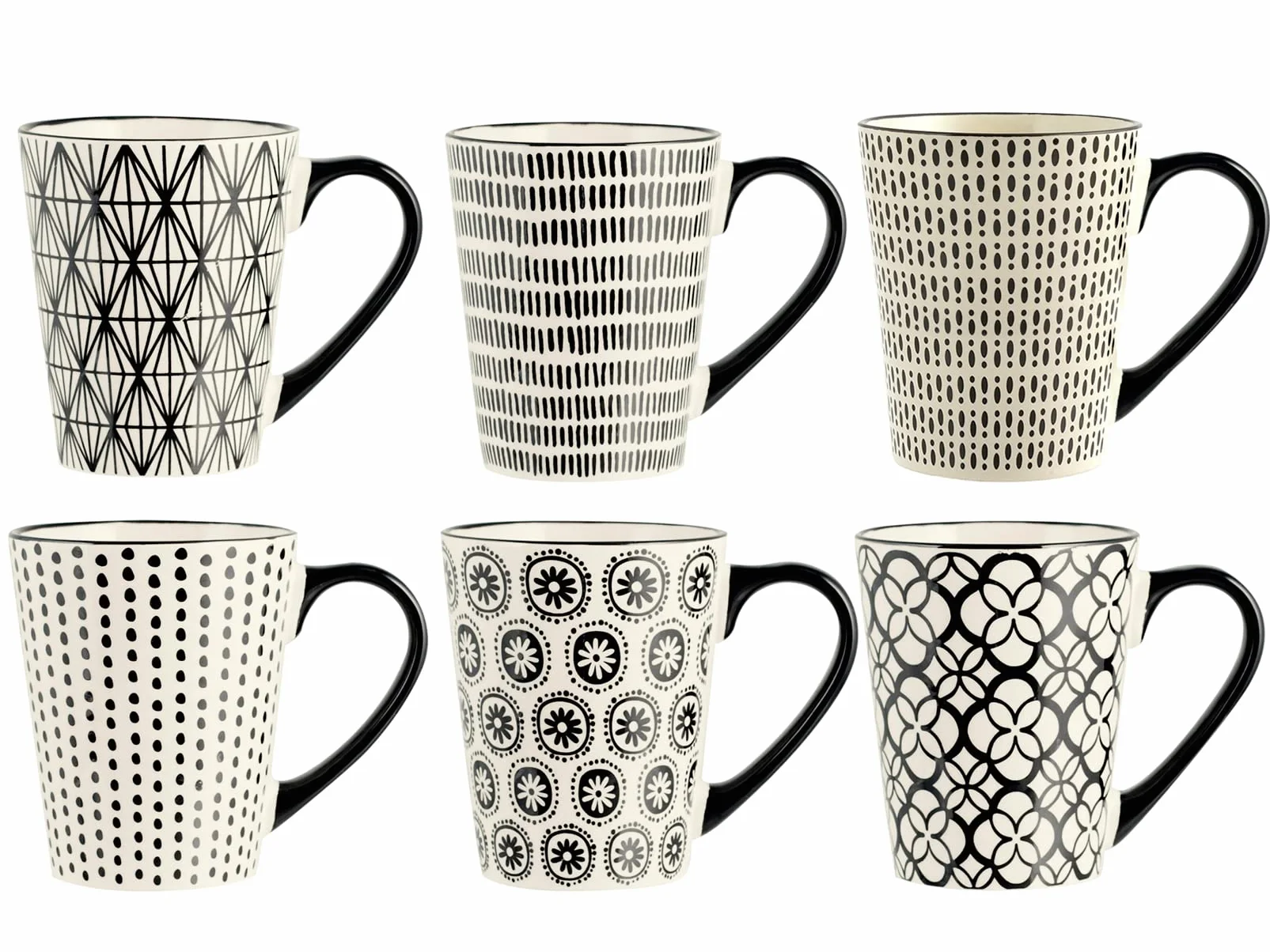 H&H Vhera Set 6 Mug in Stoneware (350 ml) – Eleganti Mug Bianco/Nero con Decorazioni Geometriche – Adatte a Lavastoviglie e Microonde