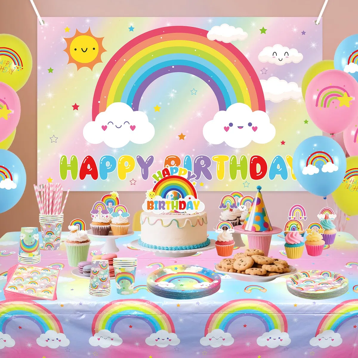 Decorazioni per Festa di Compleanno a Tema Arcobaleno - Forniture per Festa Arcobaleno compresi sfondo, piatti, Cake Topper, tazza, tovagliolo, palloncino, tovaglia - per 20 persone (BJ)