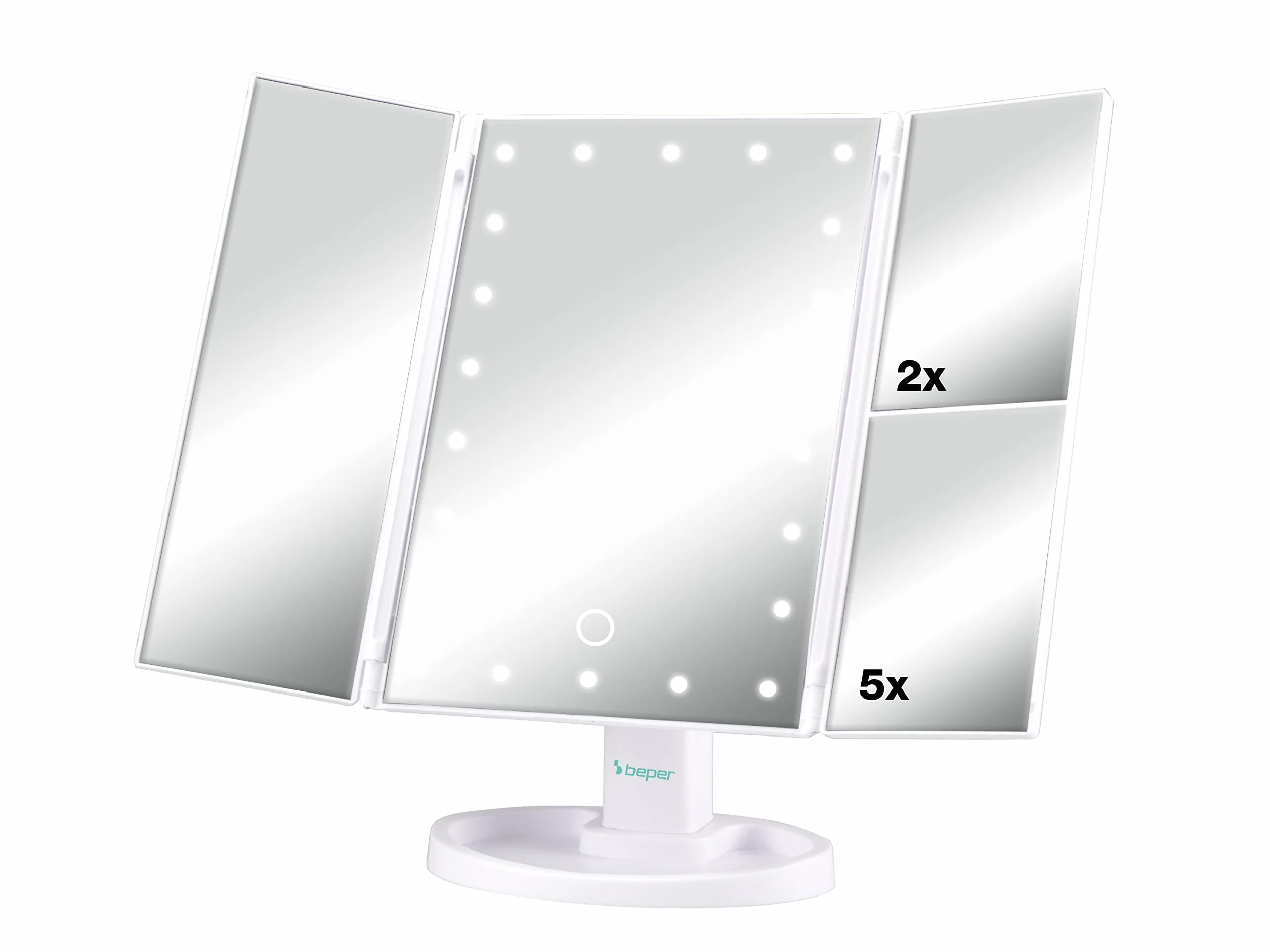 BEPER P302VIS050 Specchio con Luci, Ingranditore 1x / 2x / 5x - Make-Up per Postazione Trucco, 35x24 cm