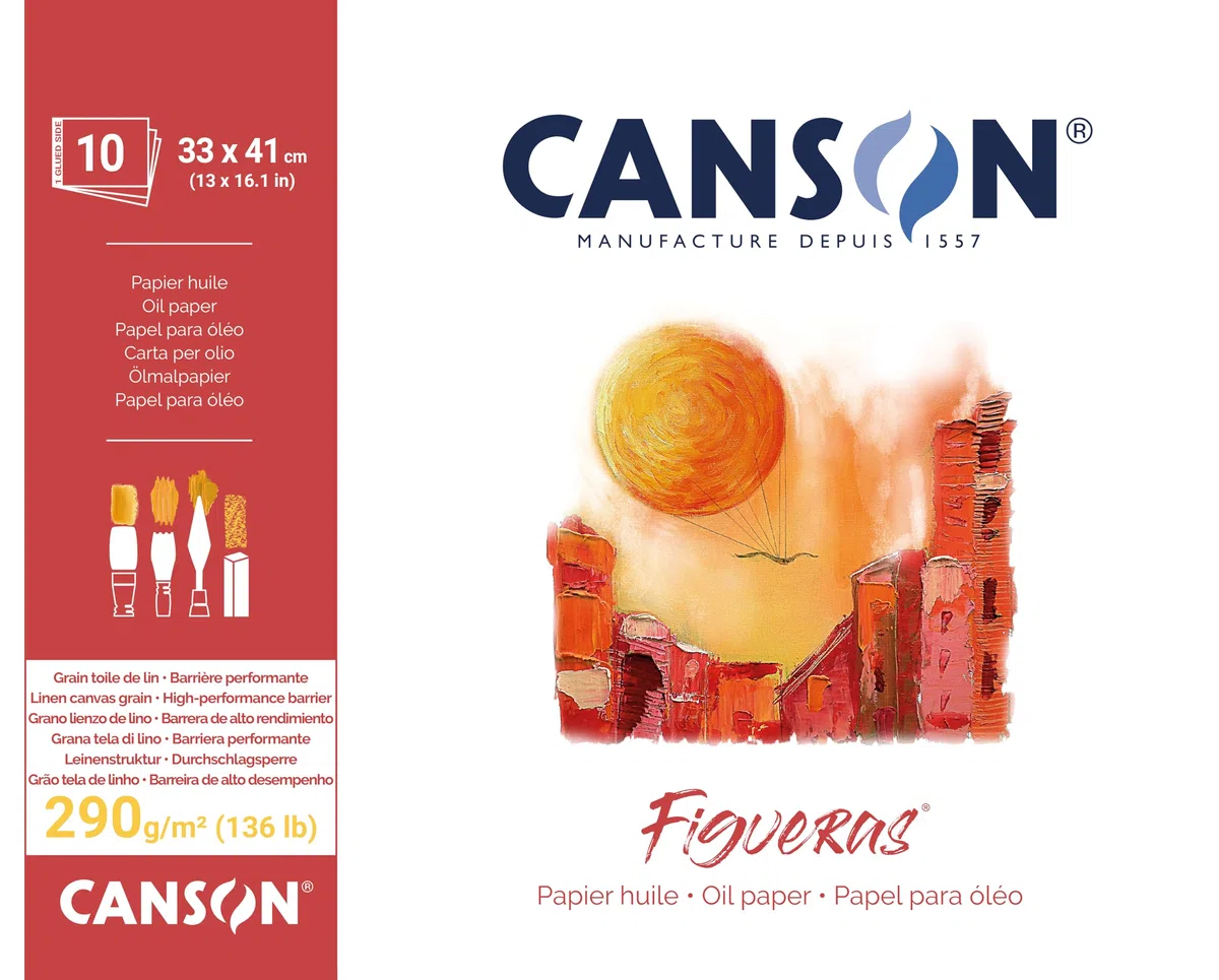 CANSON Figueras, Blocco da Disegno per Colori a Olio e Acrilico 10 Fogli, 290 g, grana in Tela di Lino, Bianco Naturale 41 x 33 cm Collato Lato Corto