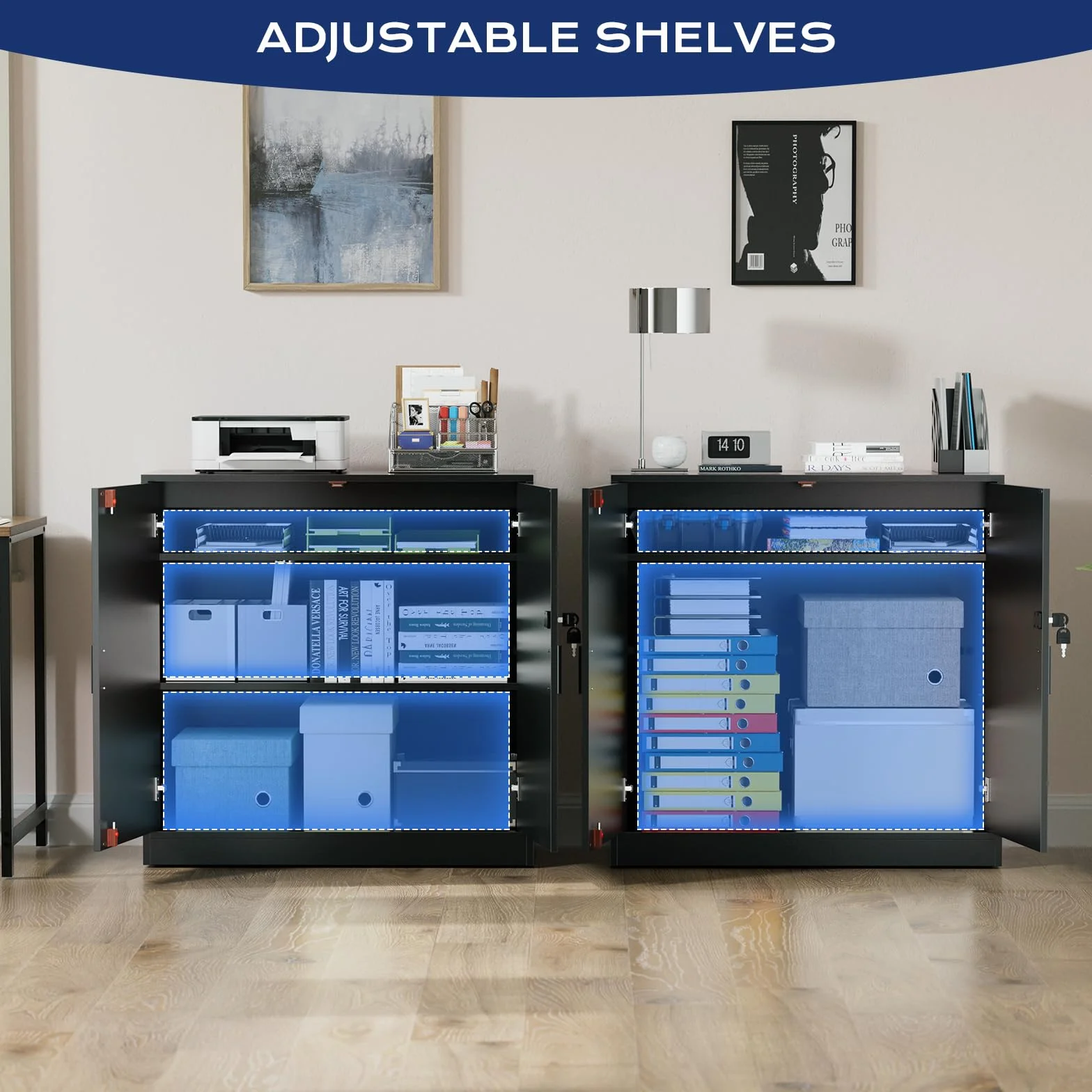 Armadio Ufficio, Schedario da Ufficio Multiuso con Serratura Chiave, Ripiani Regolabile e Due Ante, Armadietto Salvaspazio Mobiletto per Cucina Soggiorno Officina Credenza Stampante, Nero