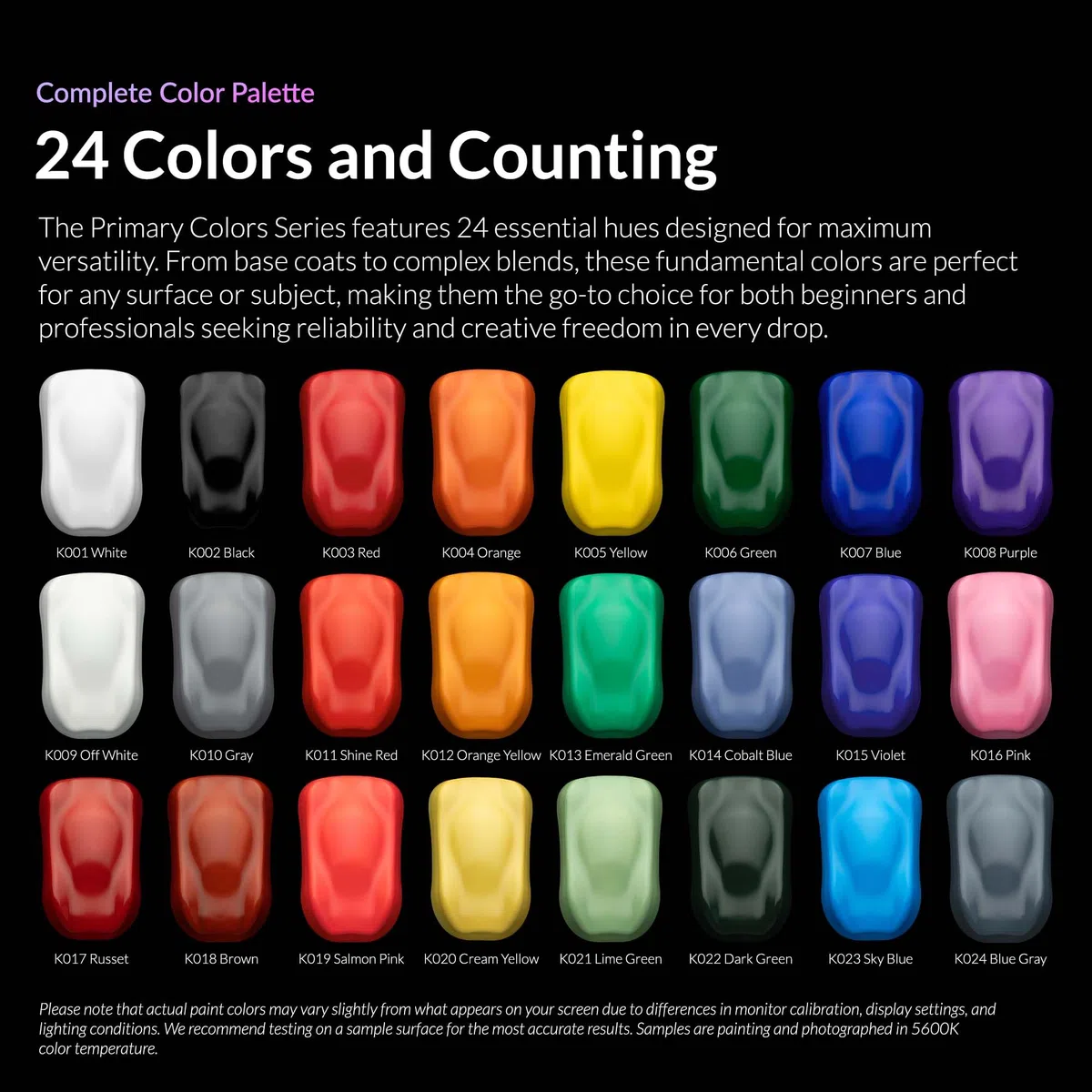 Gaahleri Kaleido Primary - Set di 24 colori per aerografo acrilico a base d'acqua, per modelli in scala, Gundam, Mecha, auto e miniature, pre-diluito, lucido, ad asciugatura rapida, con diluente e