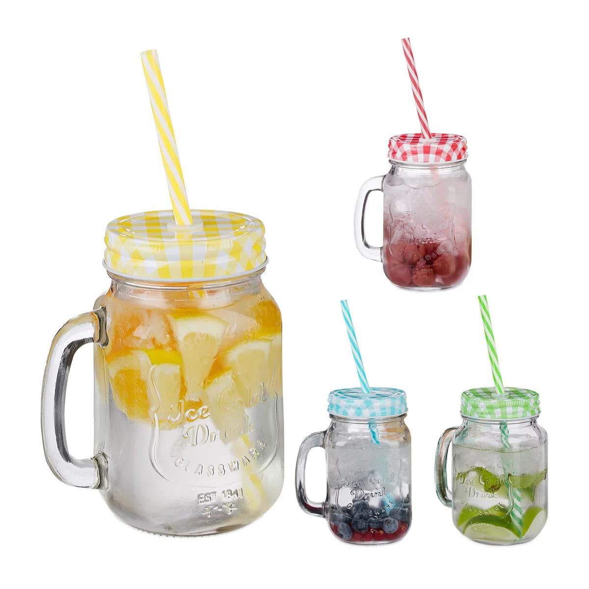 Relaxdays Set 4 Tazze con Cannuccia e Coperchio, tè Freddo, Bevande, Limonate, per Party, con Manico, 500 ml, Colorato