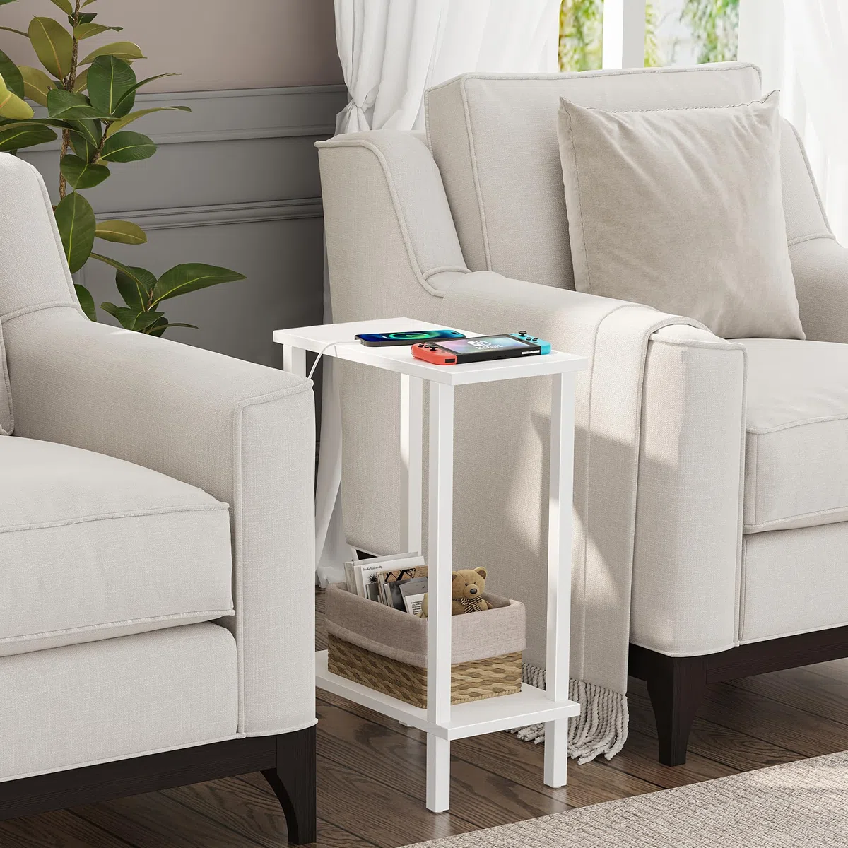 TUTOTAK Piccolo tavolino laterale, tavolino stretto, tavolino sottile per divano, comodino sottile, per soggiorno, camera da letto, bianco TB01BW062EU