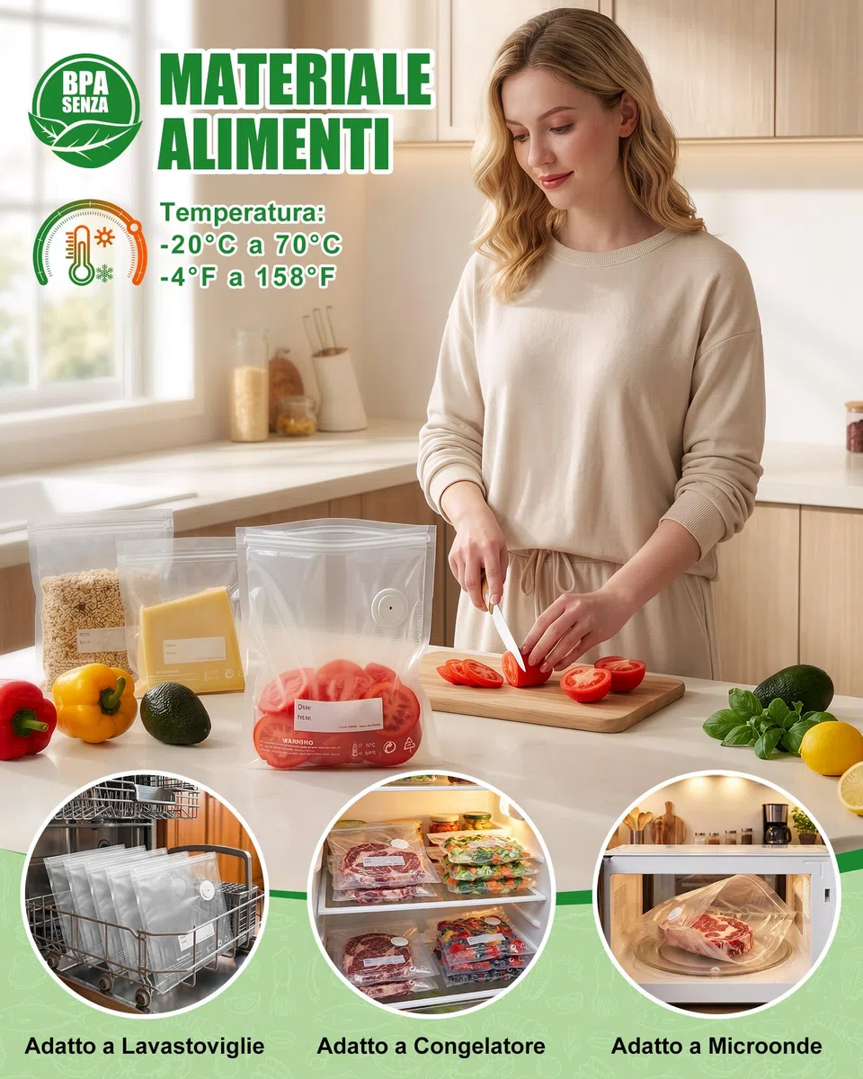 Babacom 30 Pezzi Sacchetti Sottovuoto Alimenti Riutilizzabili con Valvola d'Aria e 10 Clip di Chiusura (L:30x34cm), Senza BPA, Buste Sottovuoto Alimenti per Congelatore/Cottura Sous Vide/Conservazione
