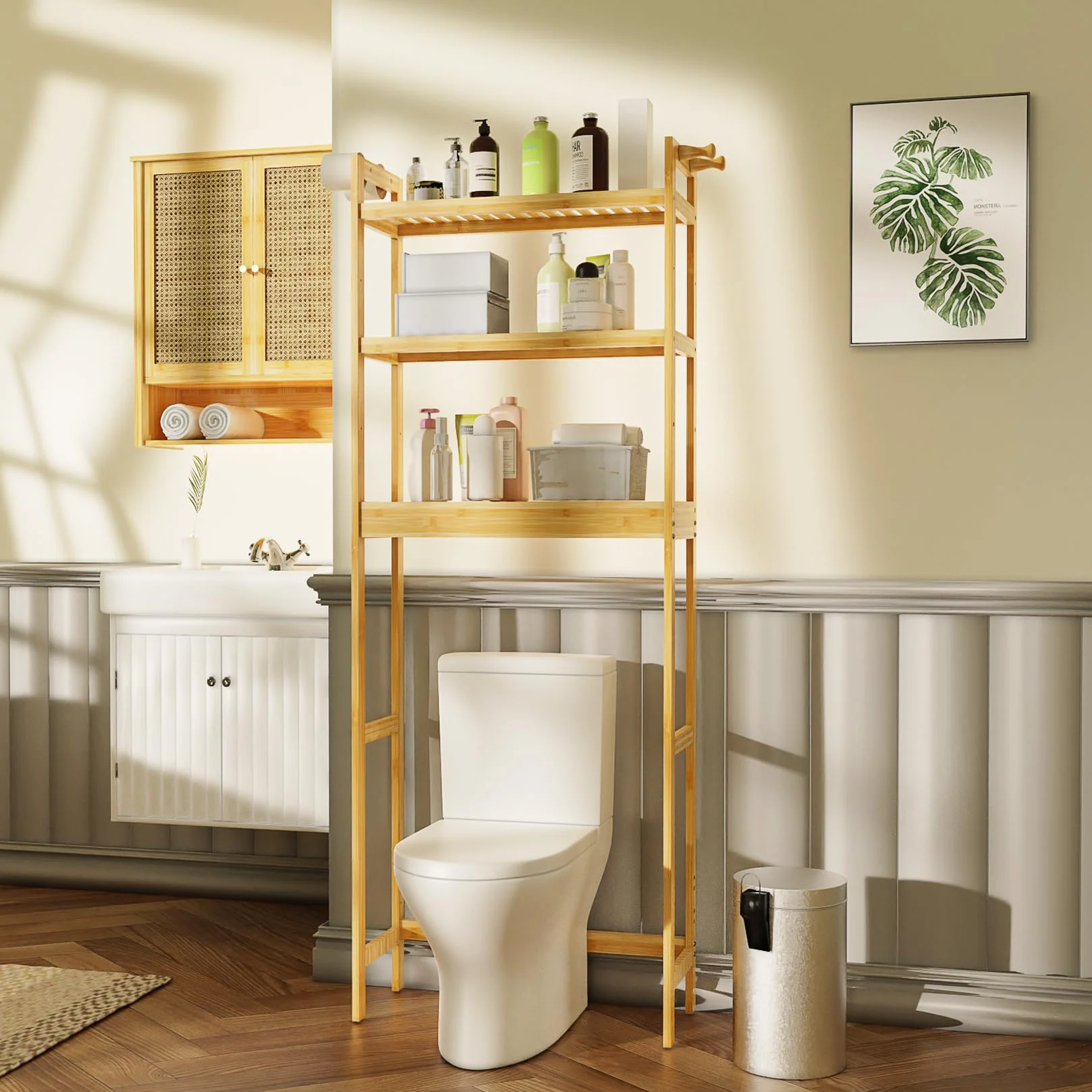 unho Scaffale Mensola per Lavatrice: Bagno Mobile Sopra WC in Bambù Portaoggetti Ripiani Regolabili Salvaspazio Scaffalatura per Lavatrice 63x26x170 cm