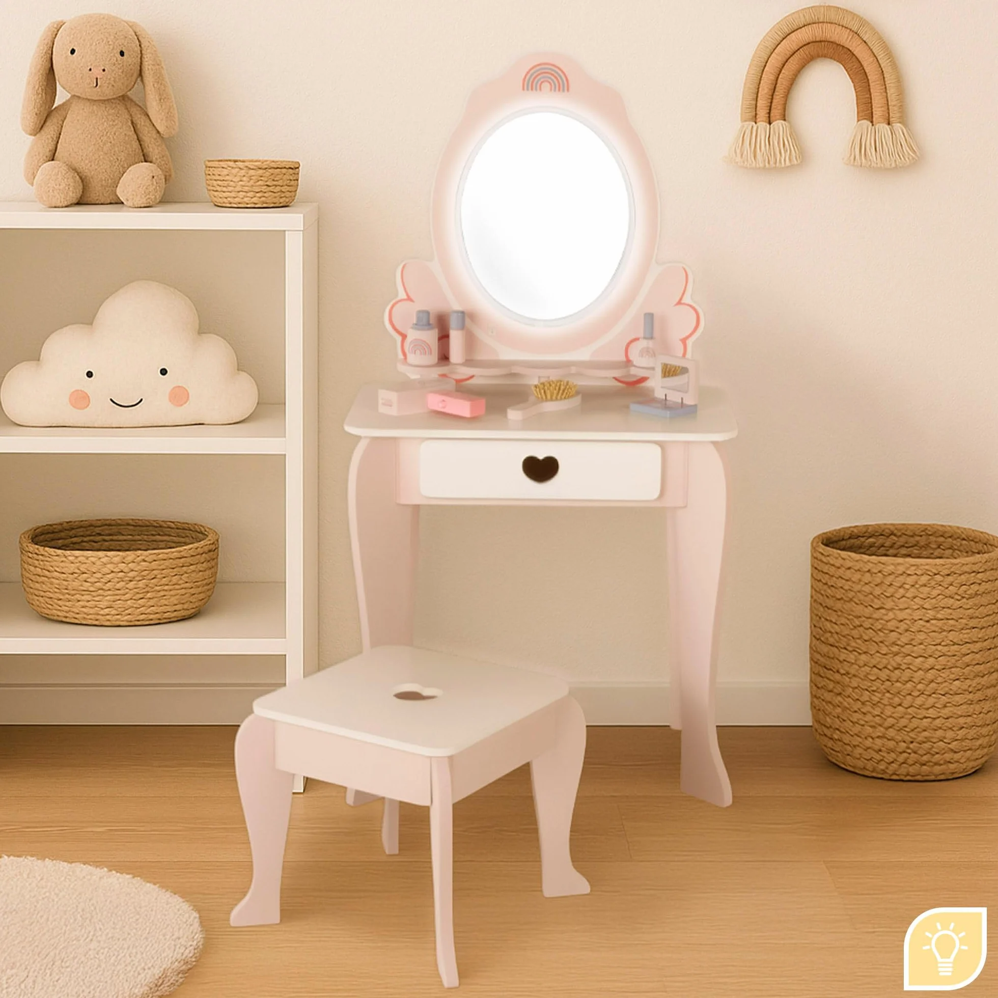 WOOMAX Tavolo da toeletta Bambina Sgabello in Legno Specchio con Luce 48x32x92cm Colori Pastello Inclusi Accessori Toletta Bambini Accessori Interattivi, Giocattoli per Bambini di 3 anni