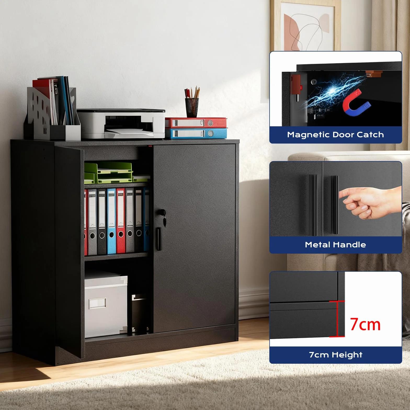 Armadio Ufficio, Schedario da Ufficio Multiuso con Serratura Chiave, Ripiani Regolabile e Due Ante, Armadietto Salvaspazio Mobiletto per Cucina Soggiorno Officina Credenza Stampante, Nero