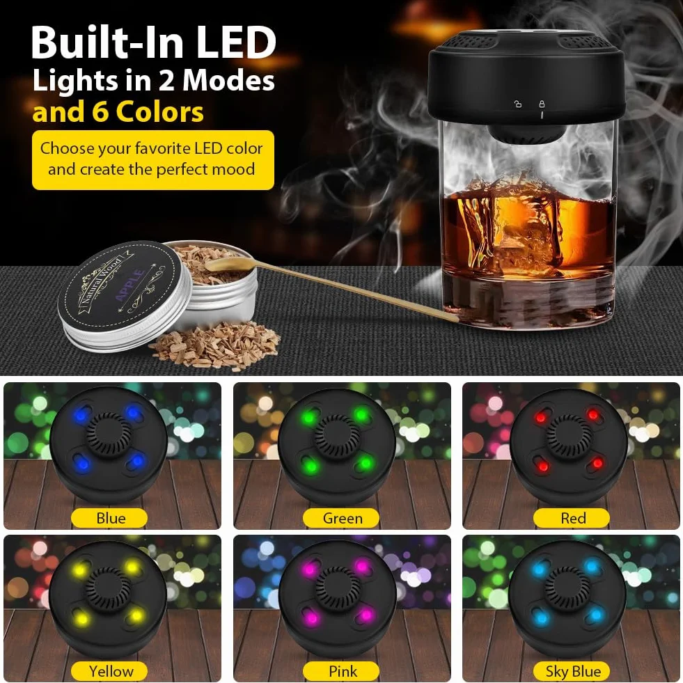 URAQT Kit Per Affumicatores Elettrico da Cocktails, Kit Affumicatore per Whisky Cocktail, Kit per affumicatore per cocktail con 6 Aromi Scaglie Legno, regali di compleanno per uomini, papà
