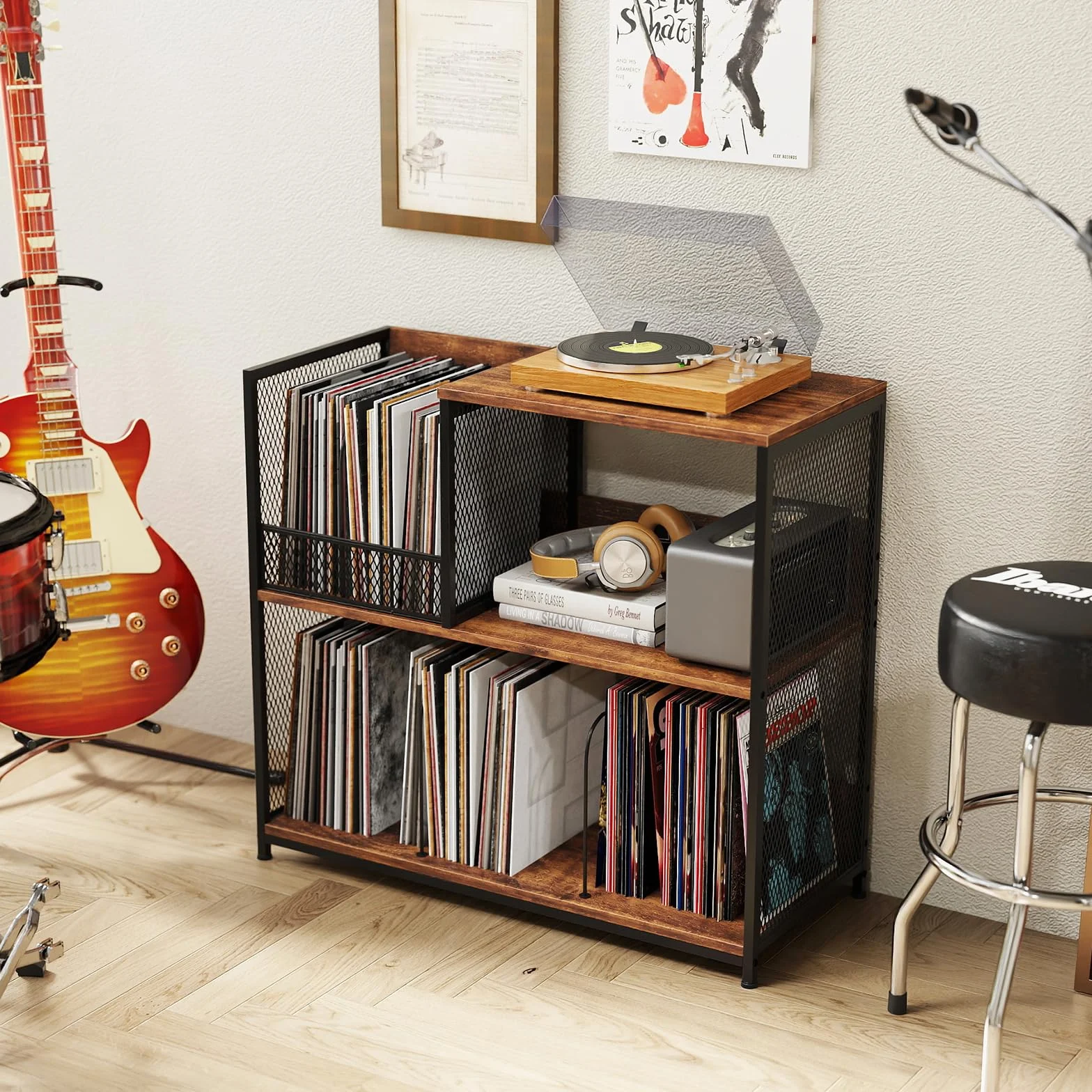 KOMFOTTEU Supporto per Giradischi in Vinile Fino a 300 Album, Espositore per Dischi a 3 Ripiani con 3 Divisori Rimovibili, Mobile Giradischi in Legno e Metallo per Soggiorno, Camera da Letto (Marrone)