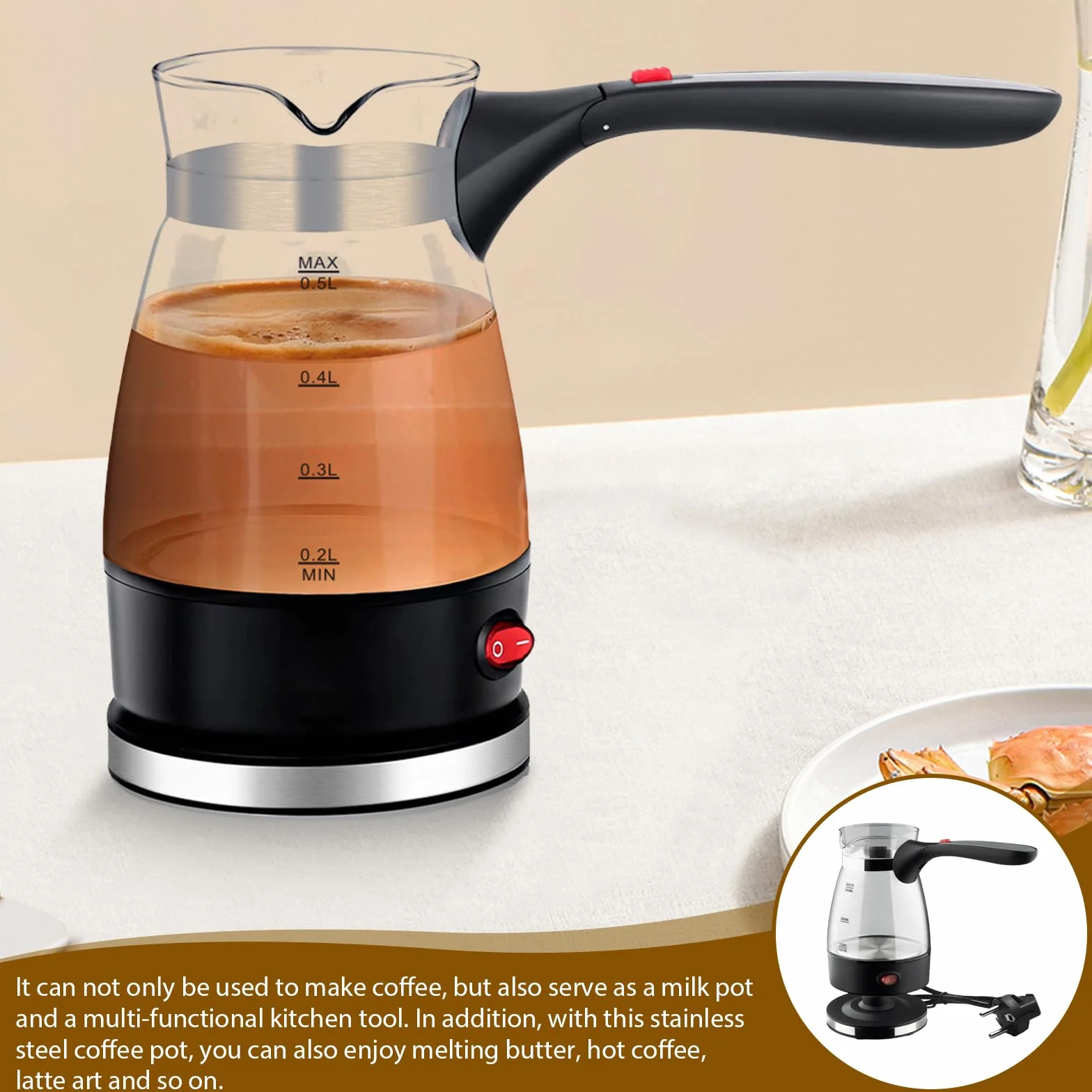 Caffettiera elettrica turca, caffettiera turca, 600 ml, turco, caffettiera elettrica turca, teiera, caffettiera per caffè da campeggio, caffettiera turca