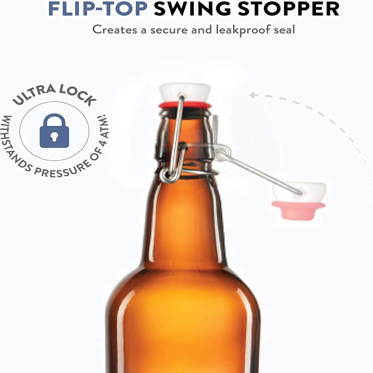 6 bottiglie di vetro con tappo basculante, per la produzione di birra con tappo ermetico per vino, condimenti, bevande, olio, aceto, kombucha e acqua, 474 ml, ambra