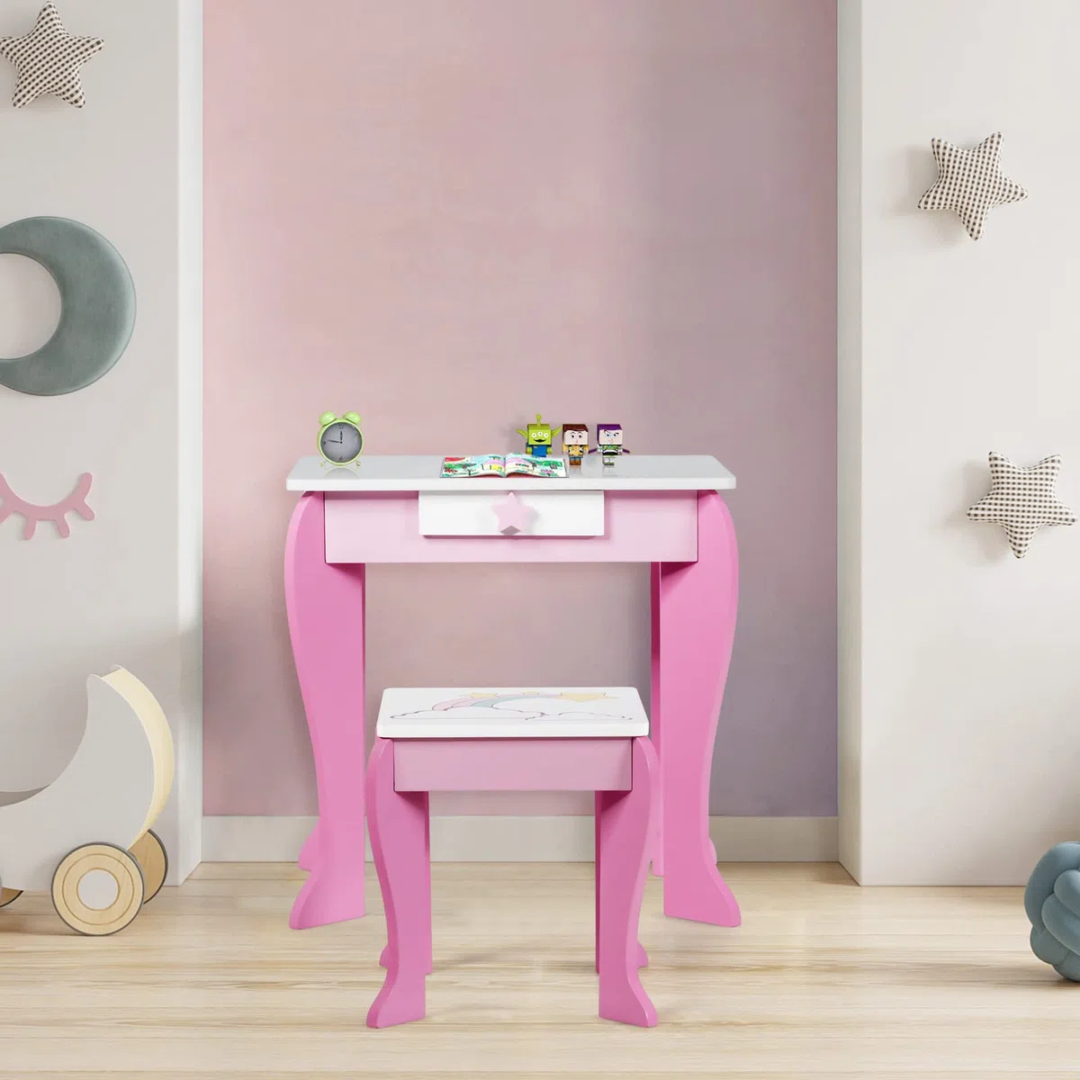 RELAX4LIFE Toeletta da Trucco con Sgabello per Bambini, Scrivania con Specchio Rotondo Rimovibile, Cassetto con Manopola a Stella, Scrivania e Sedia per Cameretta, Modello Unicorno (Rosa)