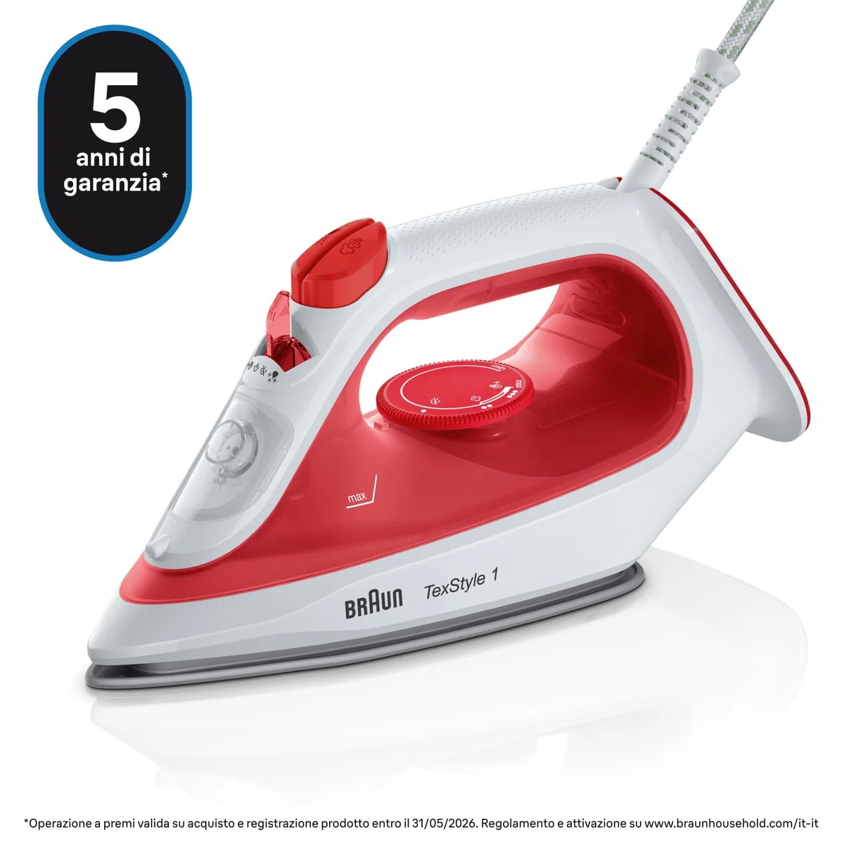 Braun TexStyle 1 SI 1019, Ferro da stiro a Vapore, Rivestimento Antiaderente, Termostato, 25g/min in modalità Turbo, Capacità Serbatoio Acqua 220ml, 1900W, Rosso/bianco