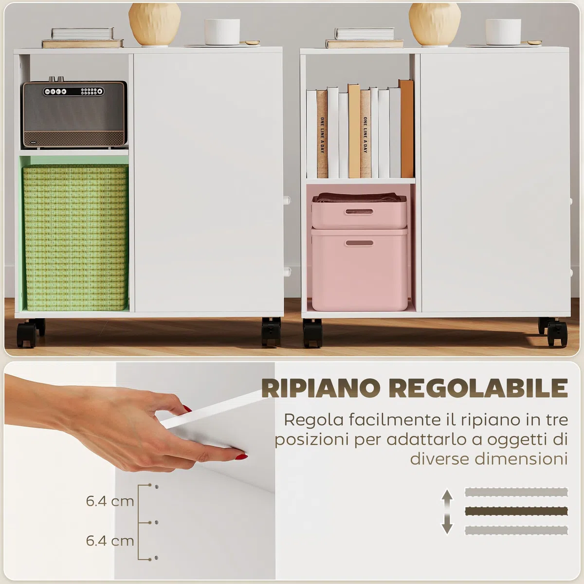 HOMCOM Mobile Porta Stampante a Rotelle con 2 Cassetti, Vano Aperto e Ripiano Regolabile, Mobile Stampante per Documenti da Ufficio e Studio, 60x30x65 cm, Bianco