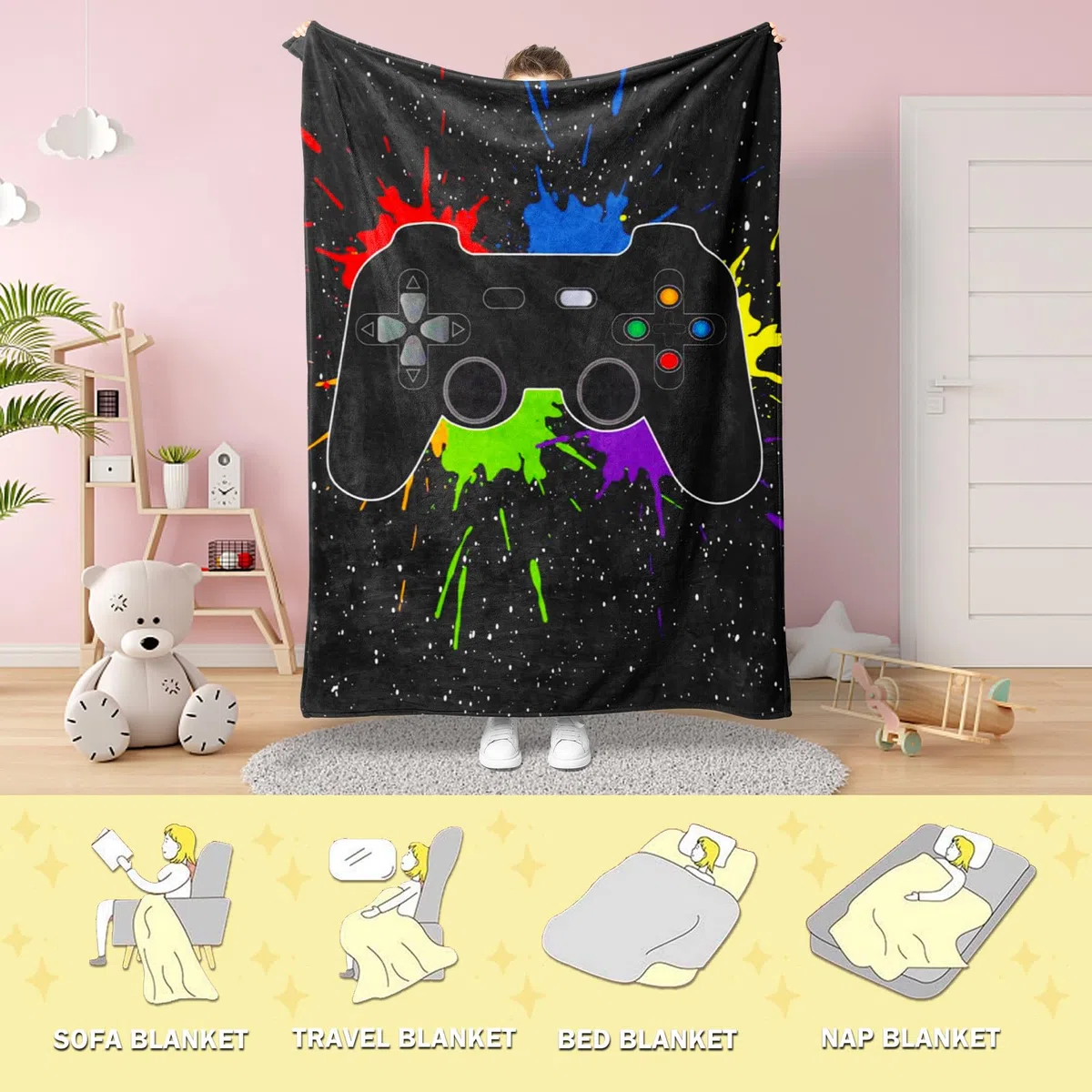 Coperta console di gioco 3D acquerello nero Galaxy Tie Dye 130 x 150 cm, coperta gamer per adolescenti, ragazzi e ragazze, moderna coperta per letto e divano con motivo console di gioco