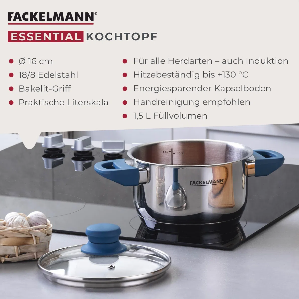 Fackelmann Pentola Essential Ø 16 cm, in acciaio inox, con manici ergonomici in bachelite, adatta a tutti i piani cottura, con scala litro